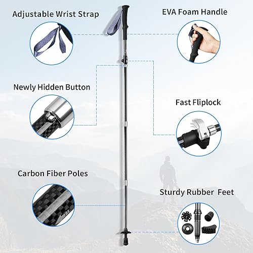 Miniatura 4 de T-carbon Bastones de senderismo plegables de fibra de carbono real, bastones de senderismo ligeros para mochileros, bastones de senderismo plegables