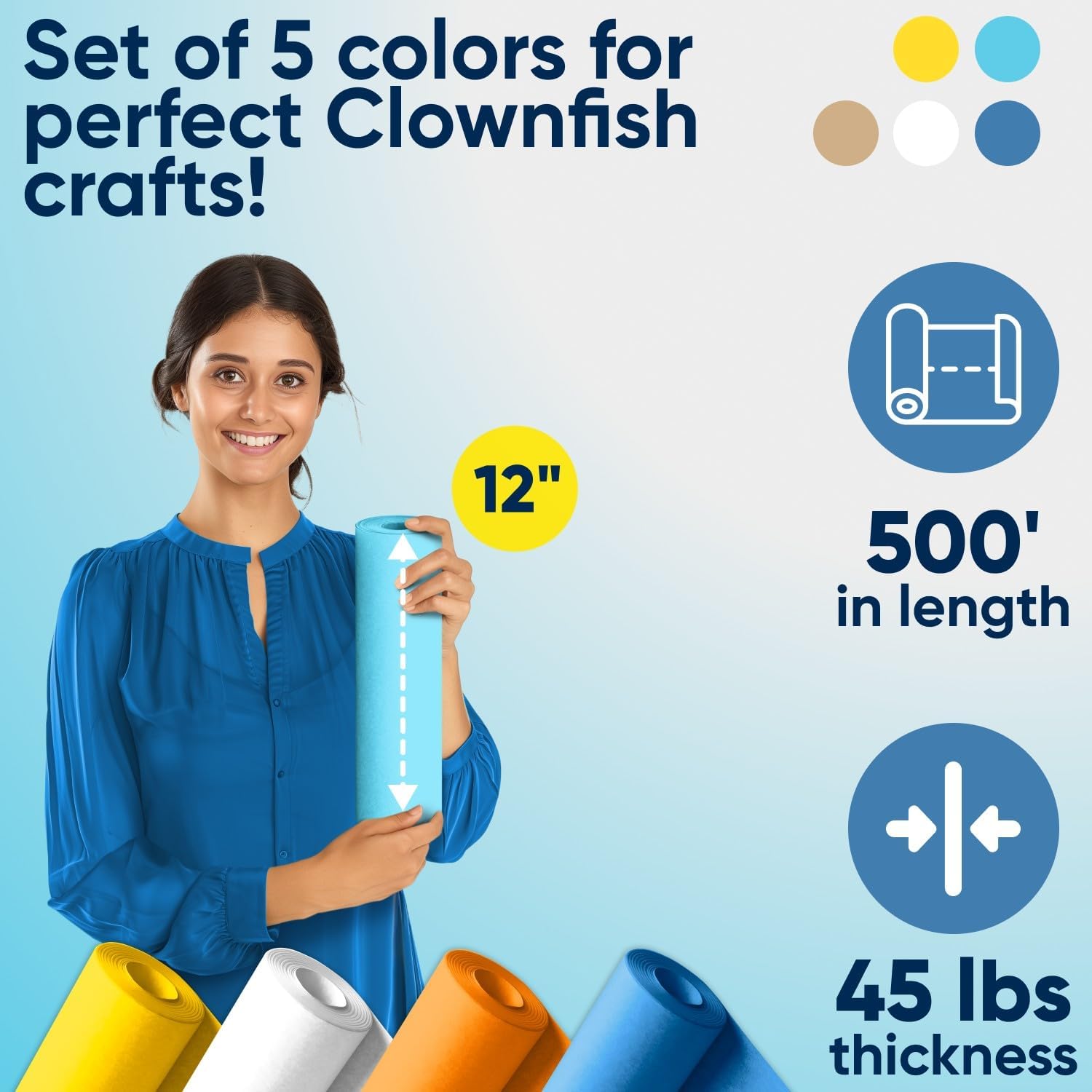 12" x 1200" (100 ft) Fish Kraft Paper Set, 45 Lbs - Light Blue, Orange, White, Dark Blue, Yellow - Made in USA Color Paper for Arts and Crafts, Appliques for Kids, DIY, Origami