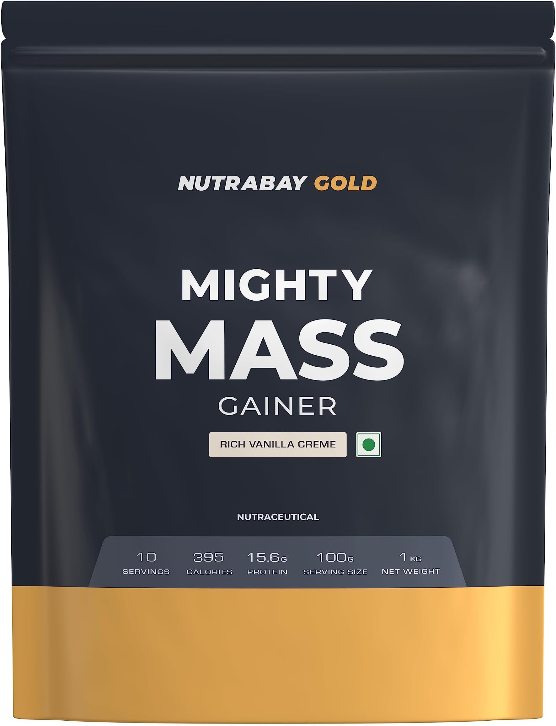 Nutrabay Gold Mighty Mass Gainer Powder - 1kg, Rich Vanilla Creme | 15.6g Protein, 82g Carbs, 395 Calories | 100% Veg | Vitamins & Minerals Rich Muscle Building Supplement for Men & Women