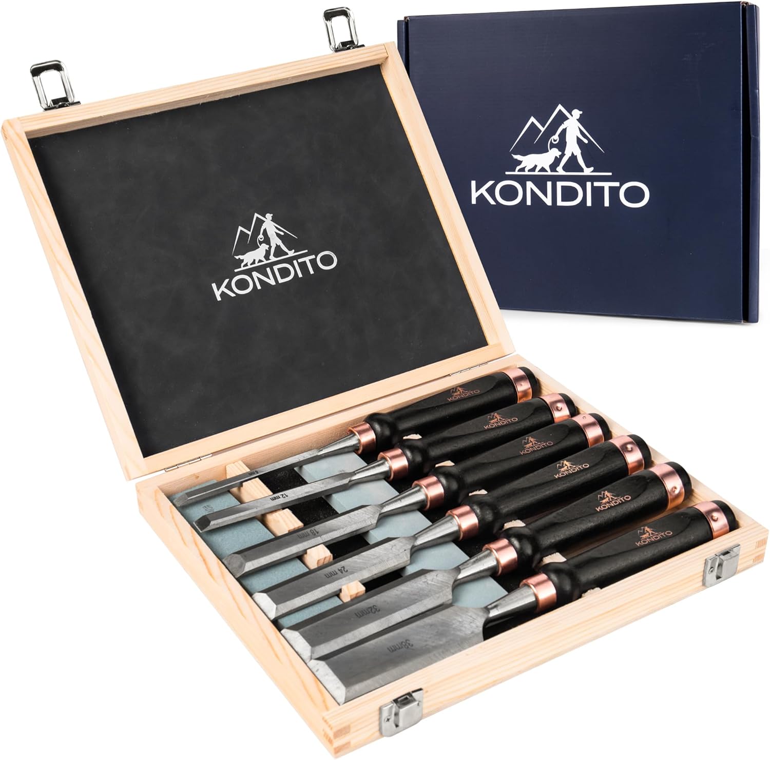 KONDITO Professional Wood Chisel Set – Complete Chisel Kit with 6 CRV60 Steel Blades (6–38mm), 2 Sharpening Stones & Hardwood Case – Wood Carving Chisels for Joinery, Sculpting & Woodworking Tools