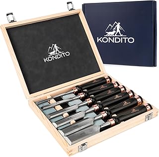 KONDITO Professional Wood Chisel Set – Complete Chisel Kit with 6 CRV60 Steel Blades (6–38mm), 2 Sharpening Stones & Hardwood Case – Wood Carving Chisels for Joinery, Sculpting & Woodworking Tools