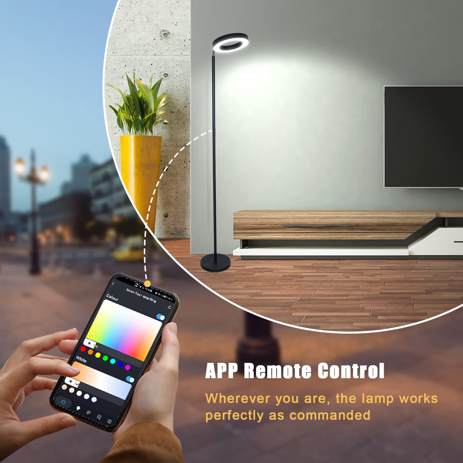 Pie de salón SMART, WI-FI + sensor táctil + APP control, dimable 3000K- 6000K + RGB 42W NEGRO, orientable y giratorio. Luz directa e indirecta. Inteligente, Alexa, Google.