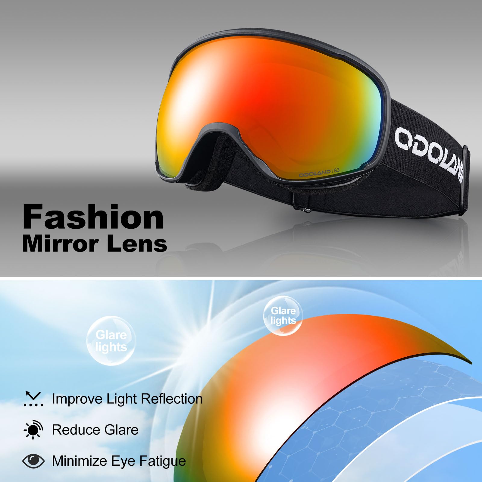 Odoland Skibrille Erwachsene Ski Goggles für Damen und Herren Jungen,Sphärisch Snowboardbrille UV-Schutz Kompatibler Helm Anti Fog für Skifahre Verspiegelt