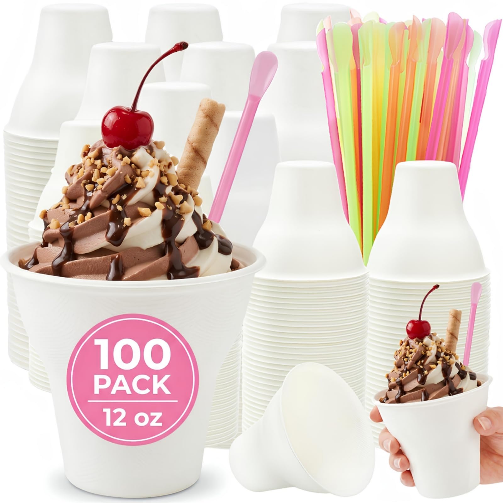 Eorbow 100 Pack Snow Cone Cups and Straws, 12 OZ Paper Cone Cup with Colorful Spoon Straw, Leak-proof Shaved Ice Holder, Disposable Ice Cream Bowls