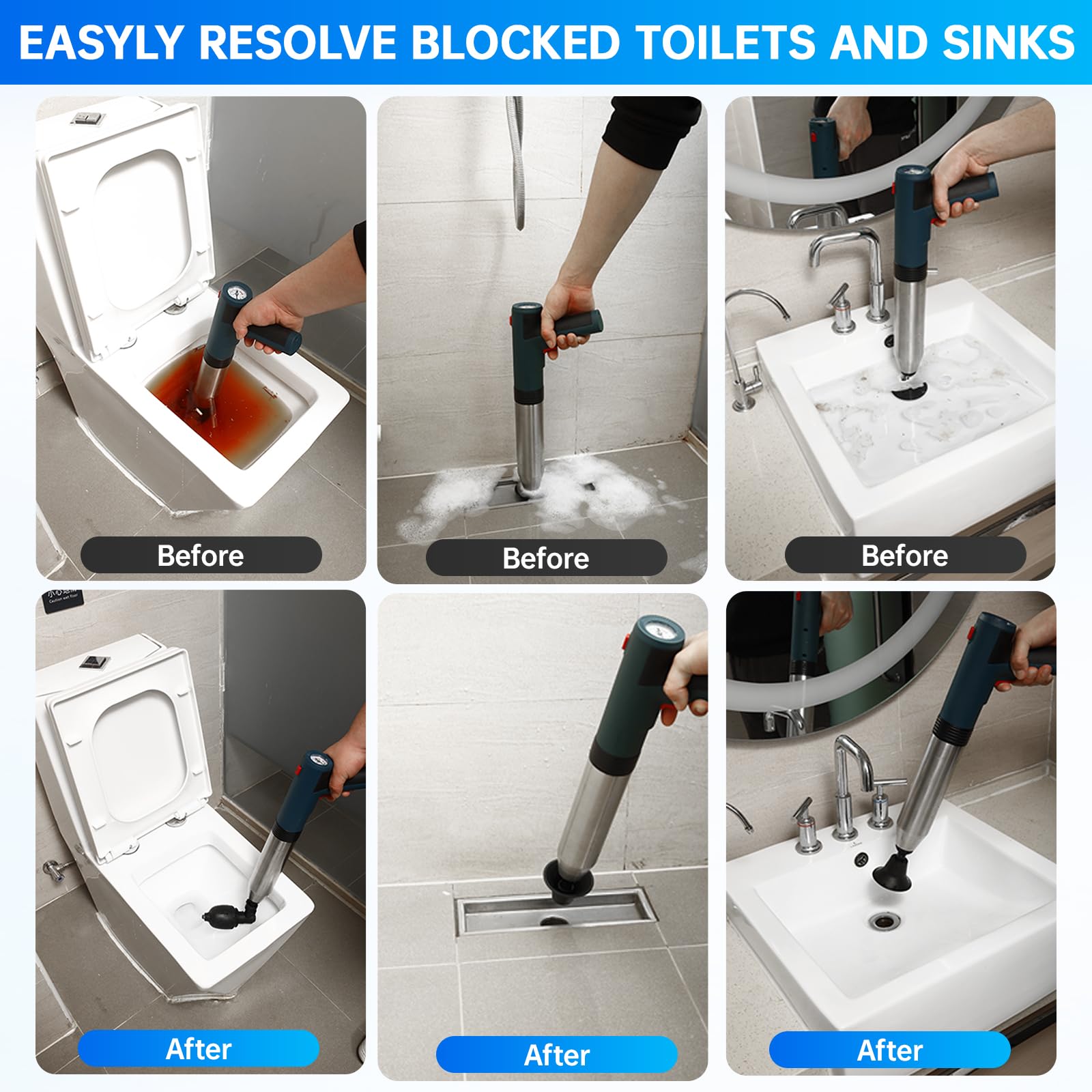 Rohrreiniger Druckluft, 4 in 1 Pömpel Toilette, Abflussreiniger Pumpe, Pressluft Rohrreiniger mit Luftdruckanzeige, für Waschbecken, Bodenablauf, Badezimmer, Toiletten, Dusche