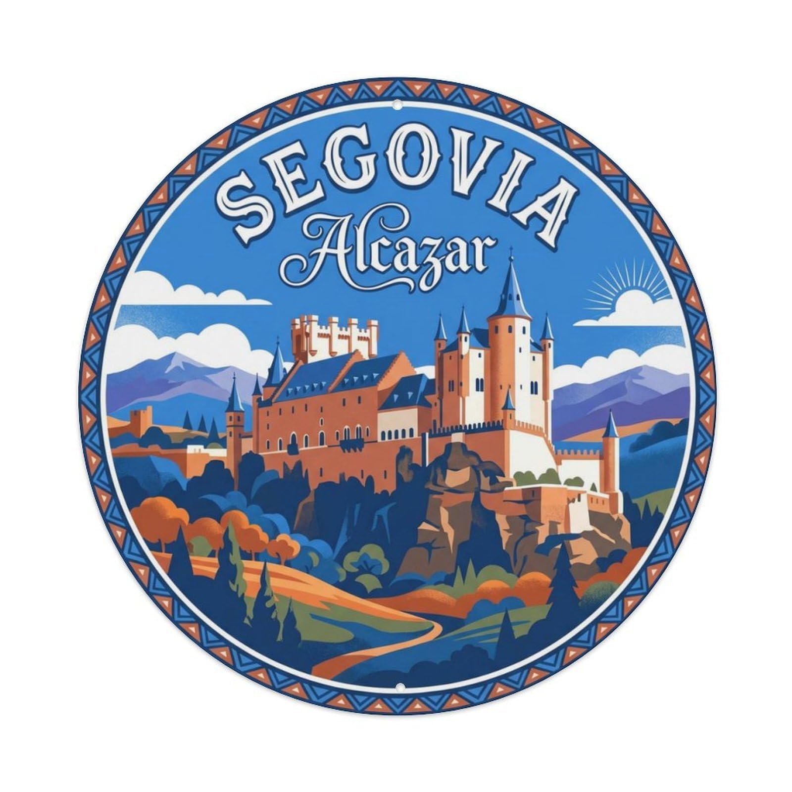 Vintage Travel Alcazar Spain Segovia Metal Tin Sign Plaque Wall Decor for Cafe, Club, Garden Round Metal Poster 8x8Inch