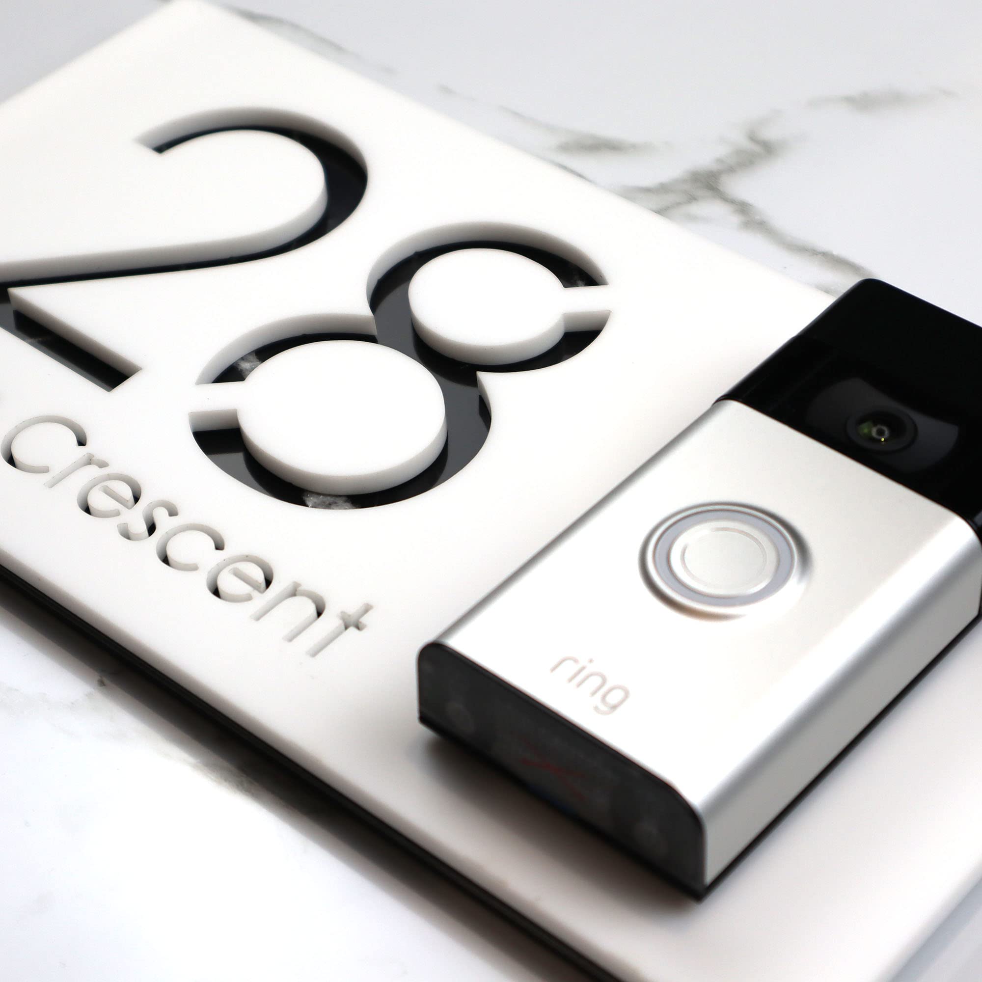 K Smart Sign | Left Text F31 | Bellissima Video Doorbell house sign door number plaques for Nest Ring Wifi doorbell plate mount | Matt White | 300mm x 160mm (Matt White & Black Marble Effect)