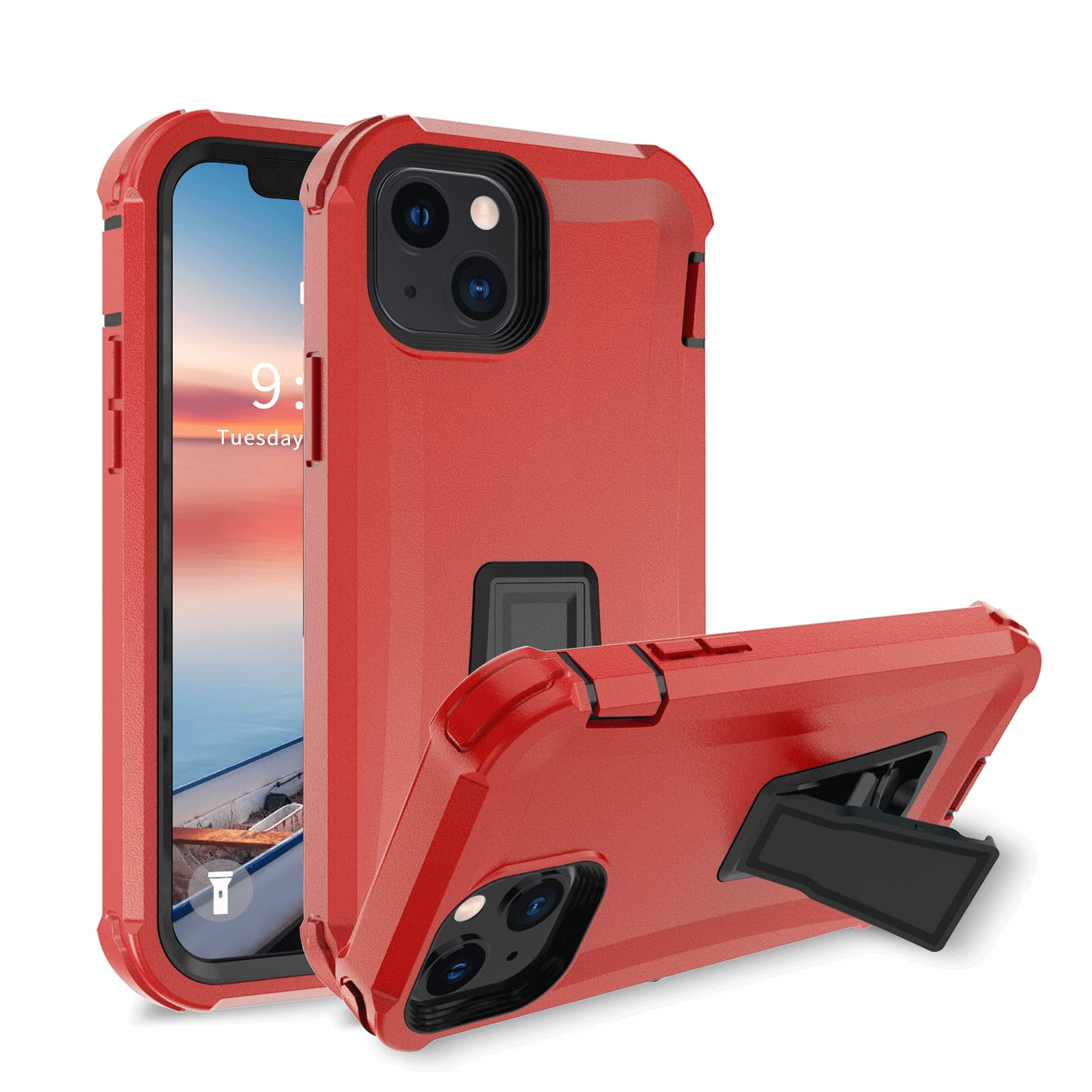 UNITEDTIME Case Compatible with iPhone 13 Mini &12mini, Drop Protection Rugged Shockproof Military Protective Tough Durable Phone Cover Heavy Duty with Build in Kickstand(Horizontal Only) (Red)