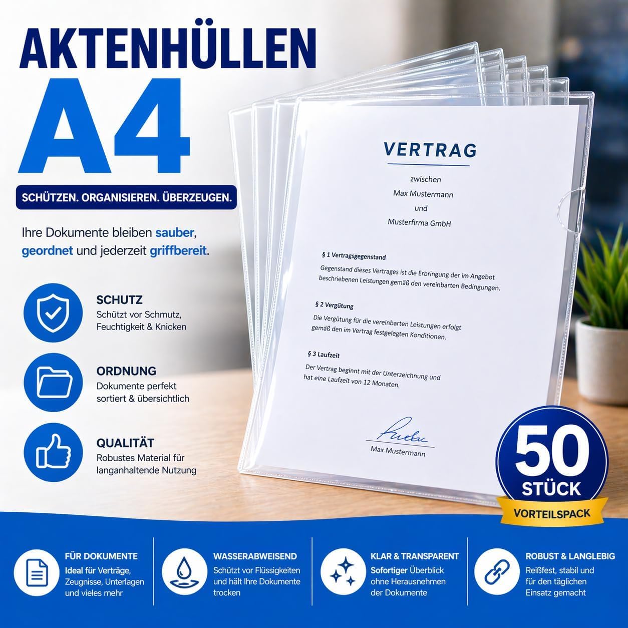 Aktenhüllen A4 - transparent - seitlich offen & glasklar - Klarsichthüllen für Dokumente - Klarsichtfolien dokumentenecht (500x)