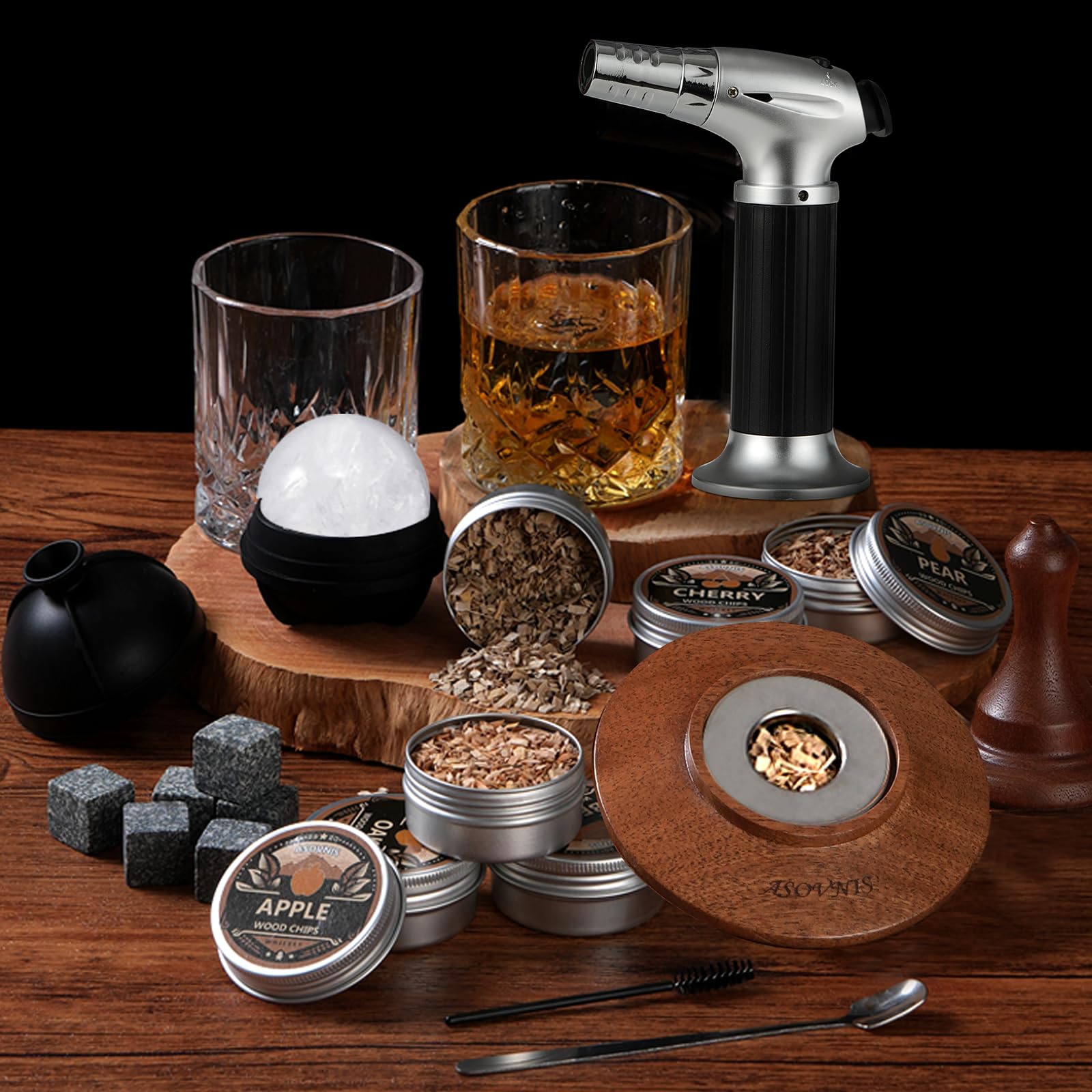 Kit fumoir à Whisky avec Torche – 6 Saveurs de copeaux de Bois, 2 Verres, 6 Pierres, kit d'infusion à Cocktail, Boisson Ancienne, Cadeau d'anniversaire pour Homme, Papa (sans Butane) (Ébène)