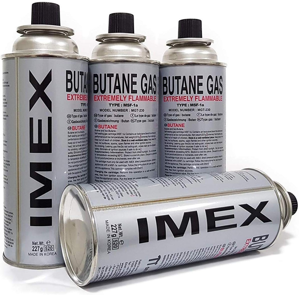 Four 227g IMEX butane gas cartridges