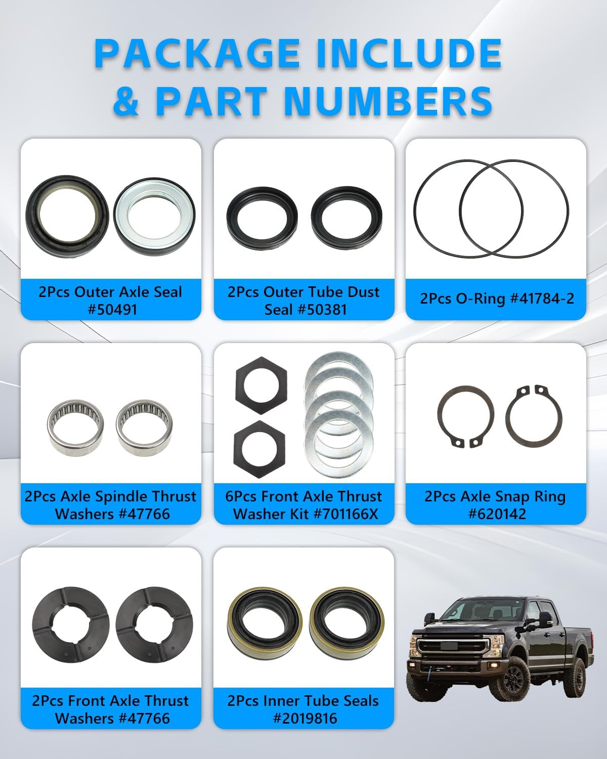 Axle Seal Kit with Outer Axle Dust Seal, Inner Tube Seal, Needle Bearing, Snap Ring & Thrust Washer for Fo-rd Super Duty & Excursion F250 F350 F450 F550, Dana 50/60 Front Axle (1998-2004)
