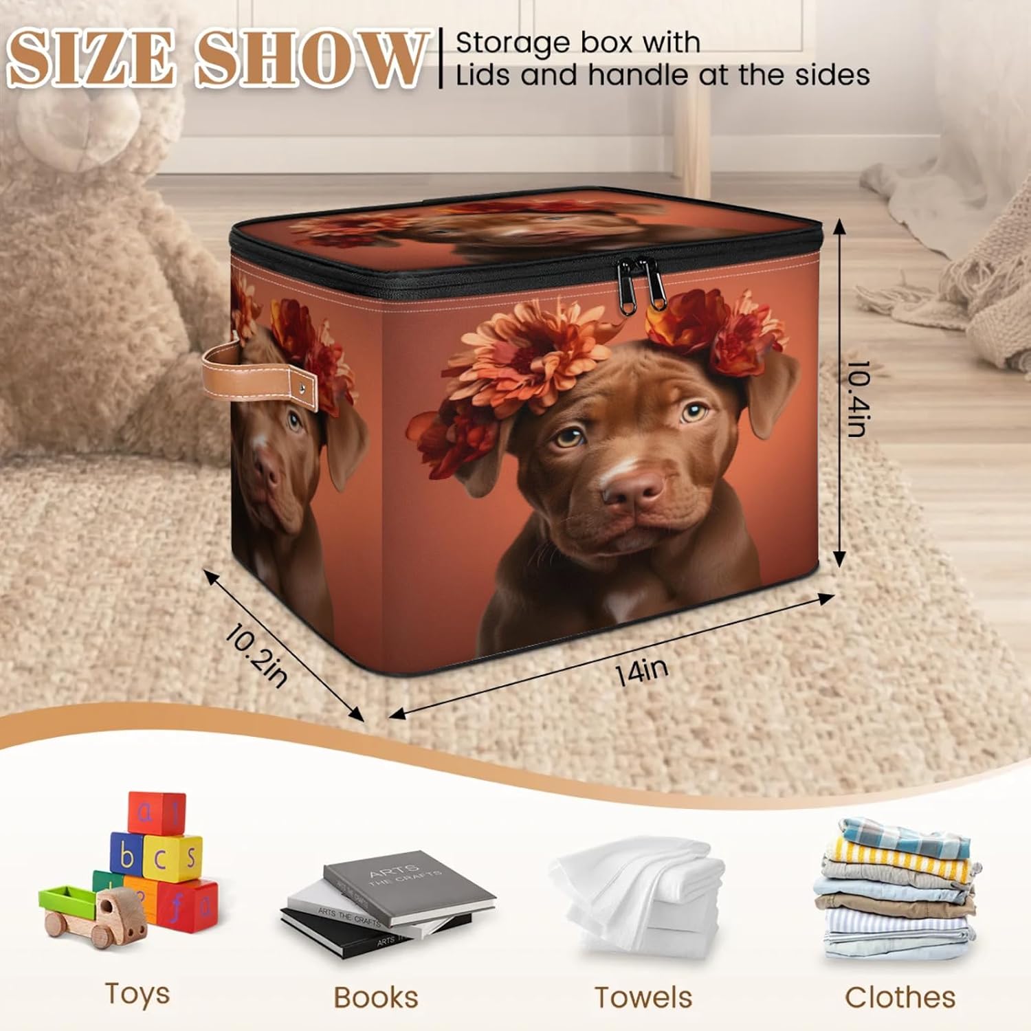 Storage Bin Set of 2 Cute Dog Rottweiler Storage Basket with Zipper Lid & Handle Foldable Closet Shelf 2 Pack Cloth Organizer Basket Cube Bins Clothes Organizer for Nursery, Bedroom