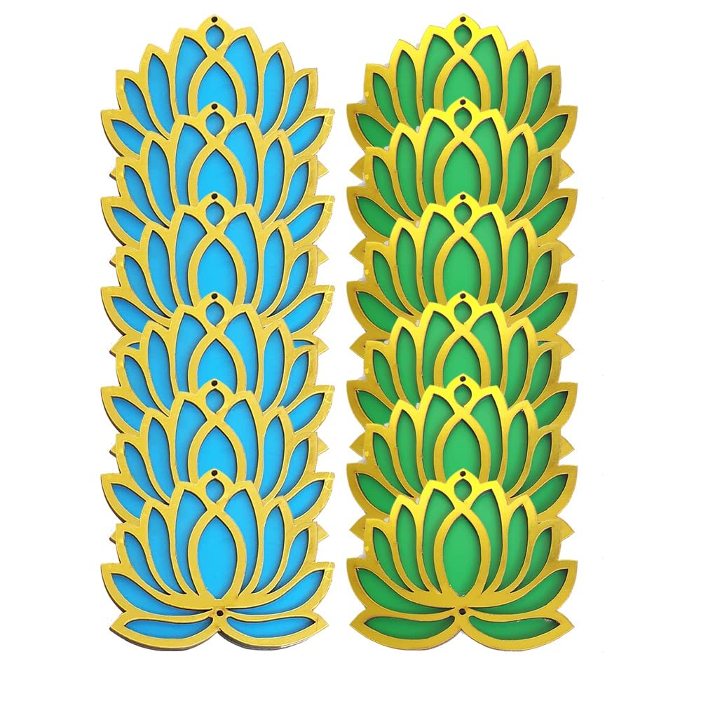 GIFT JAIPURGreen & Blue Golden Lotus 4 Inch Set of 12 Wooden Cutout DIY Rangoli Kit | Decorations for Diwali, Dusshera Wedding Rangoli, Pooja, Decorations, Festival Gift