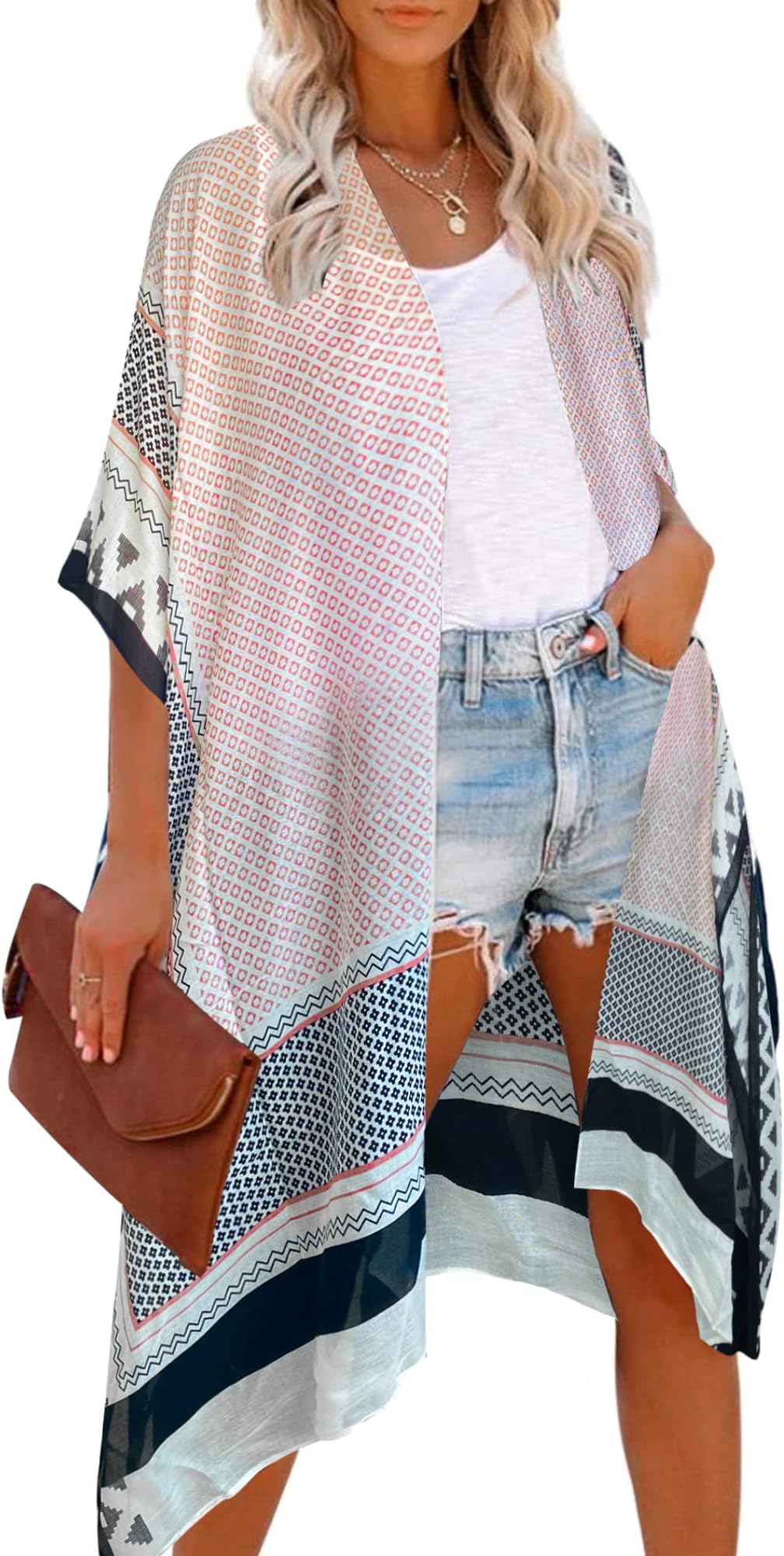 Women's Beach Cover up Swimsuit Kimono with Bohemian Floral Print, Loose Casual Resort Wear