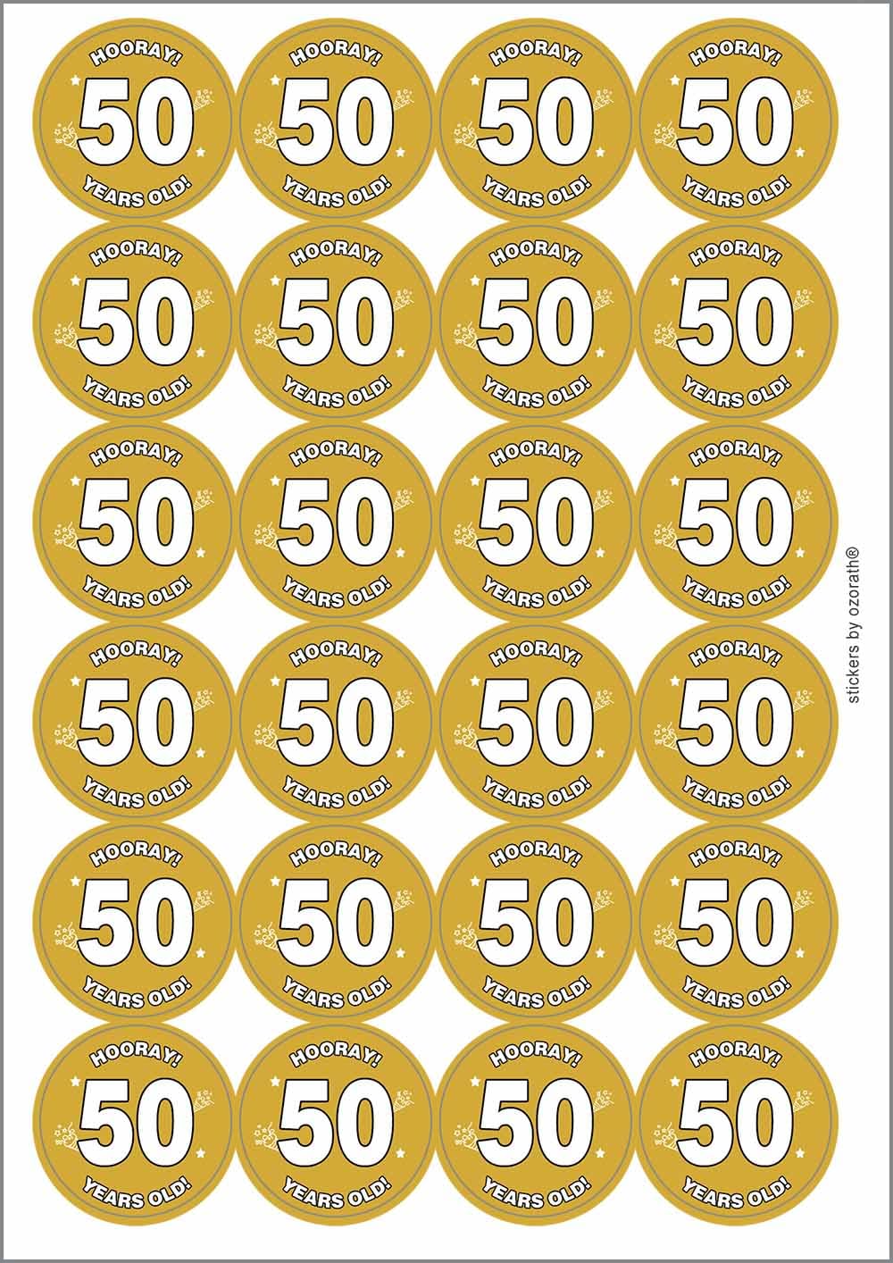 Hooray 50 Fifty Fiftieth 50th Birthday Circular Matt Paper Stickers A4 Sheet of 24 (Each Sticker is 45mm Diameter)