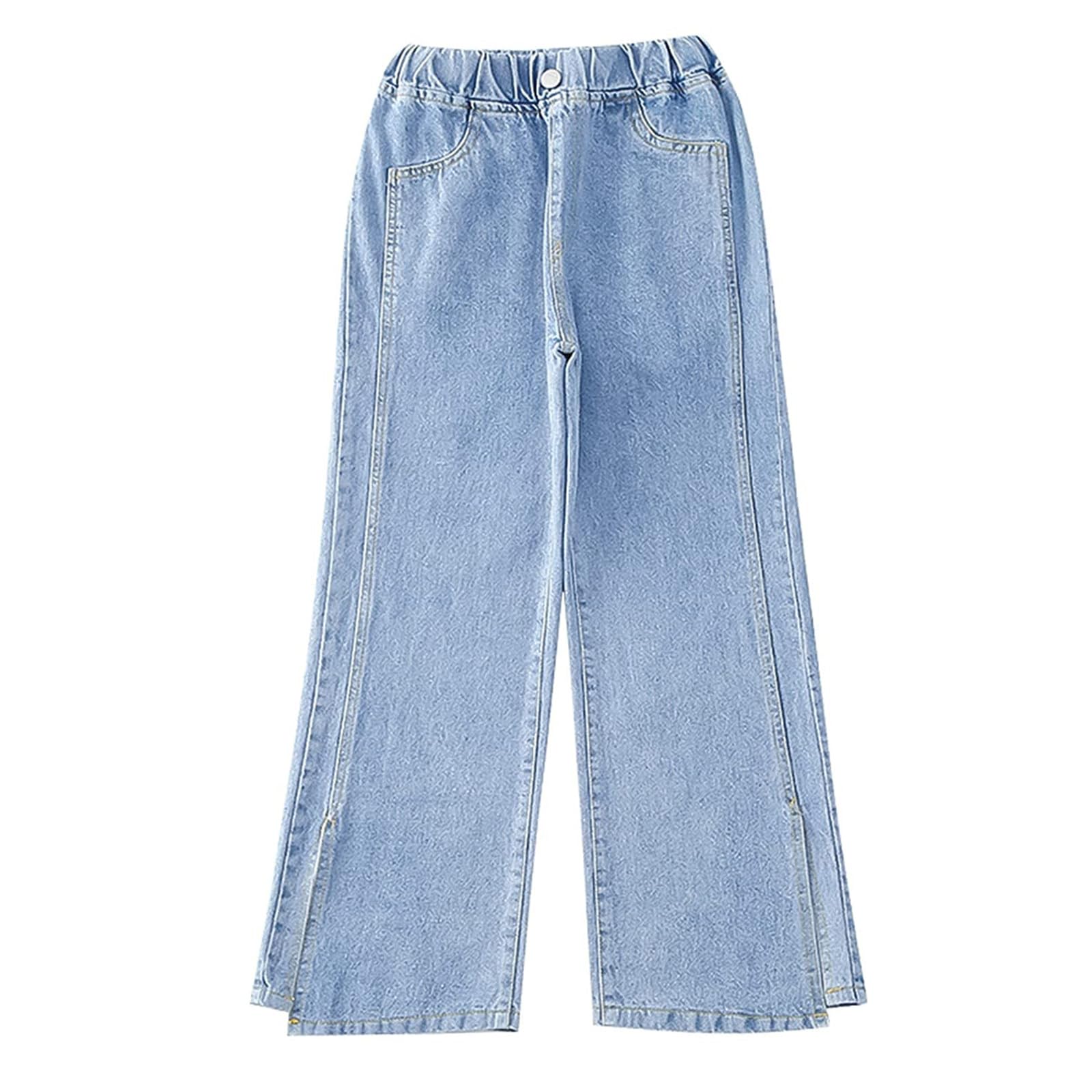 Rolanko Pantalones de mezclilla para niñas, cintura elástica, pierna ancha, holgados, ropa para niños de 4 a 14 años