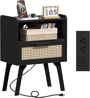 Lerliuo Rattan Nightstand with Charging Station, Side Table with Drawer