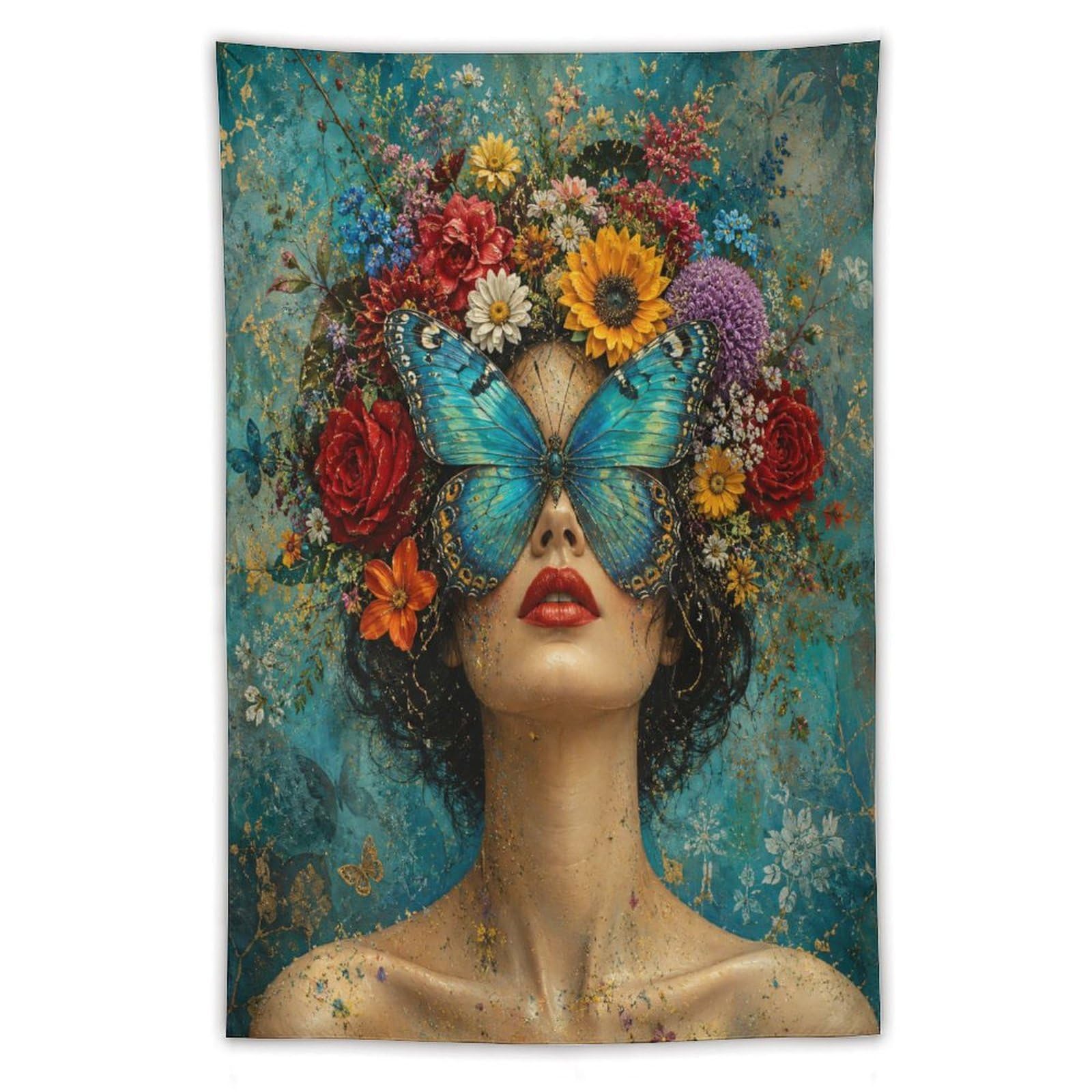W7C8U2X3 Butterfly Woman Teal Floral Wall Tapestry, College Dorm