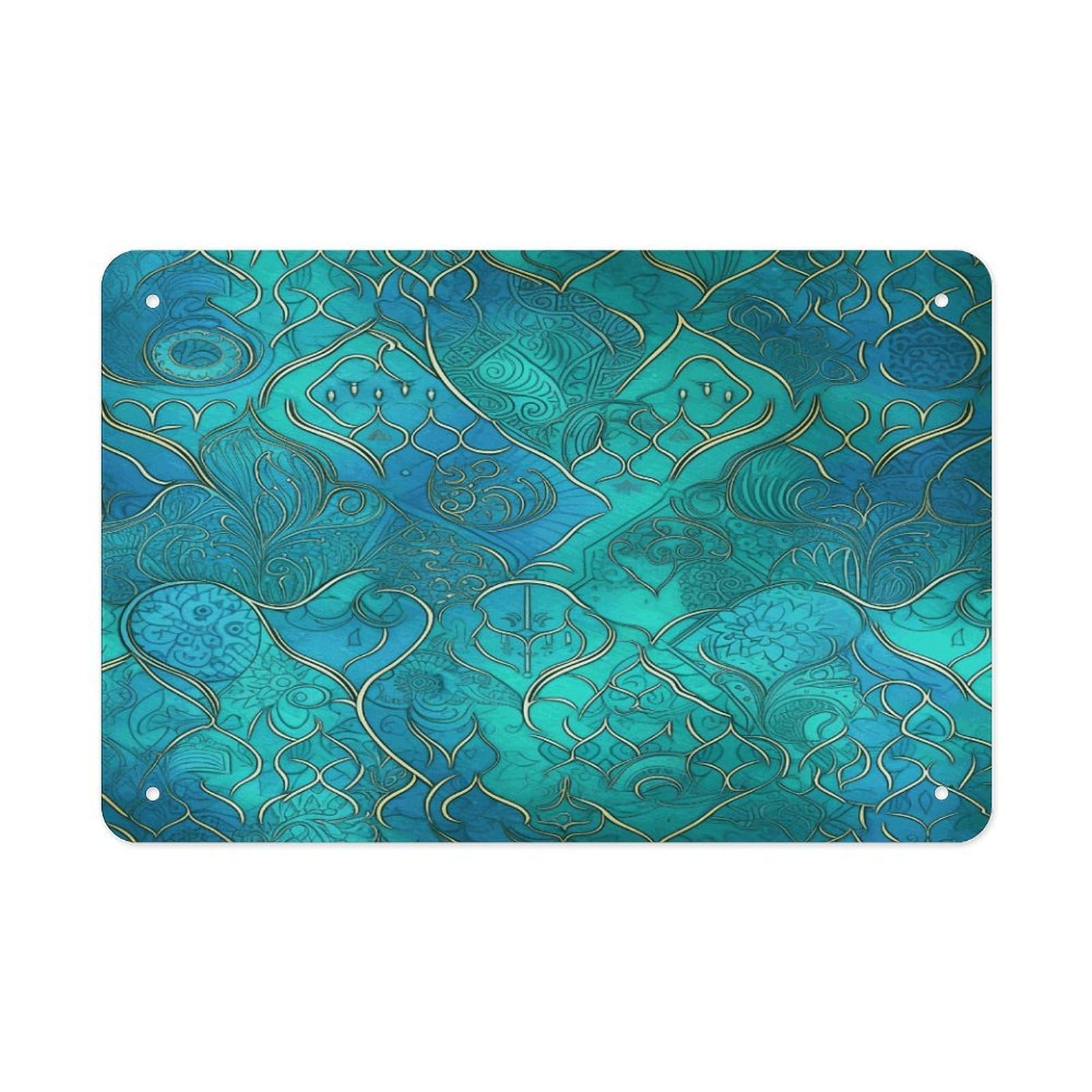 Turquoise Pattern Metal Tin Sign 12"x8" Wall Art Prints Poster Decorative Picture Metal Signboard Decor Painting Folded Edge Iron Sheet Painting with Holes for Wall Decor