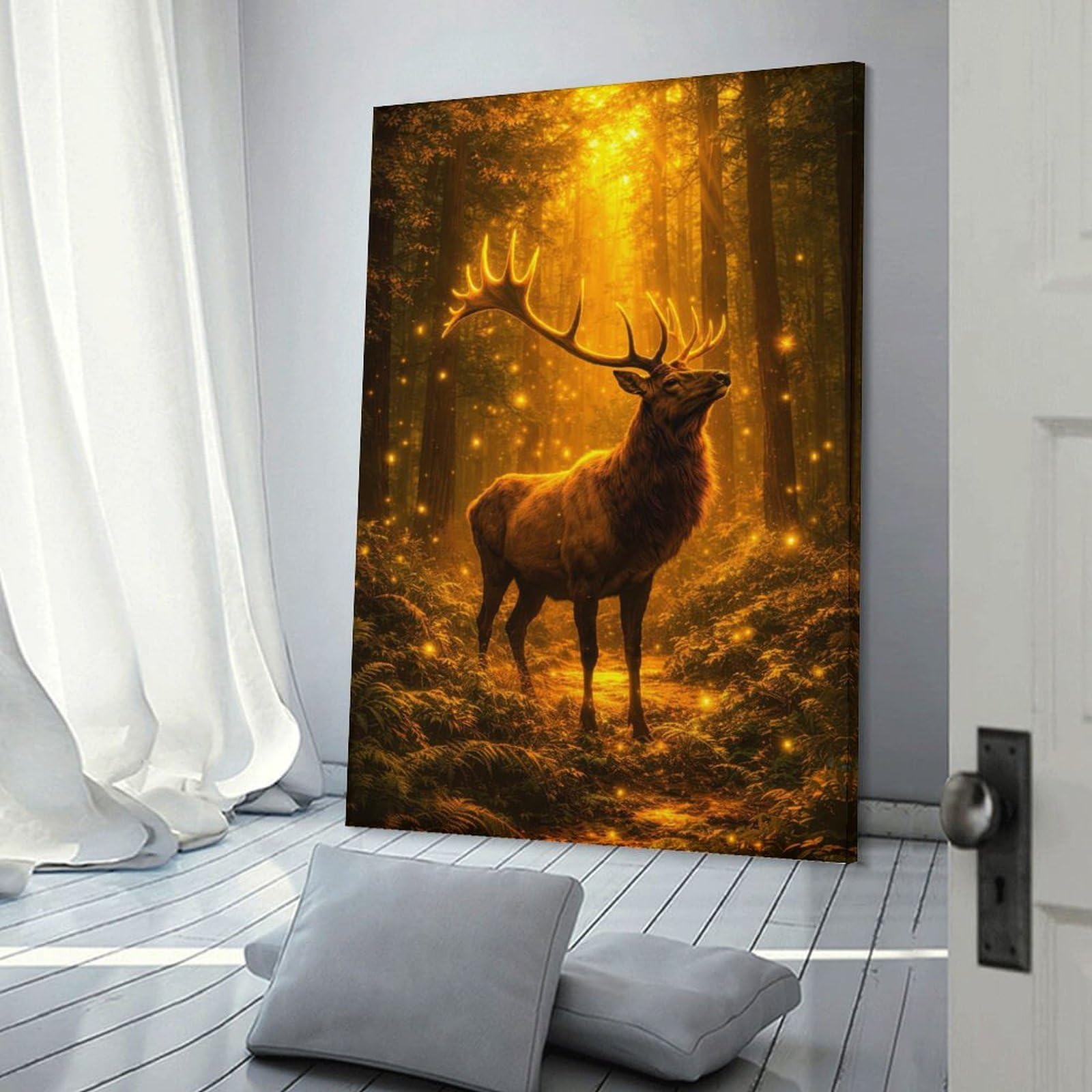Junmoney Frame-Style-21 Canvas Wall Picture Majestic Elk In A Magical Forest, 08X12inch(20X30cm), For Bedroom, Lounge Or Dressing Area, Stylish Decor For A Restful Room Update