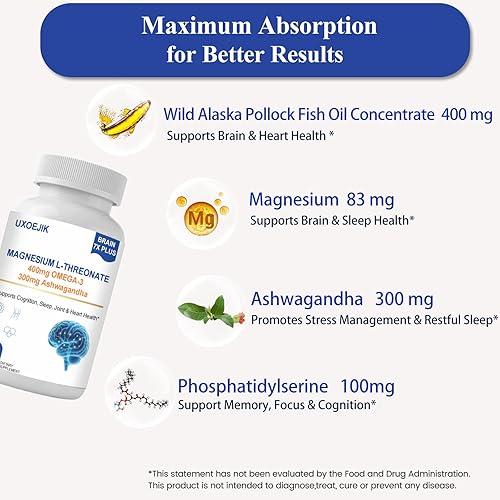 Vista 6 de YAYFULL L-treonato de magnesio 2000 mg con vitamina D, K2, aceite de pescado y ashwagandha Salud cerebral, memoria, apoyo para el sueño, vegano sin