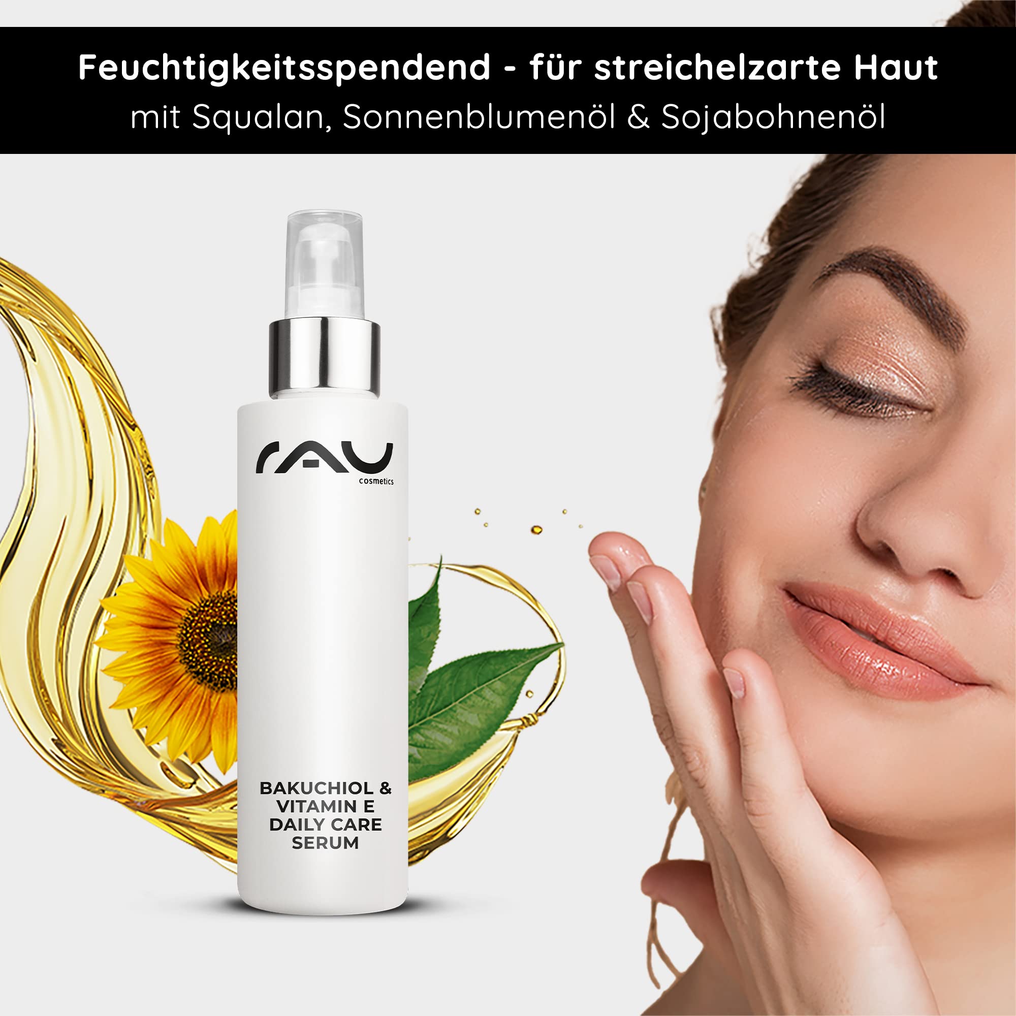 RAU Cosmetics Bakuchiol Vitamin E Serum 100ml - Anti-Aging Gesichtsserum mit pflanzlicher Retinol-Alternative - Feuchtigkeitsserum mit Squalan Bisabolol für alle Hauttypen - Made in Germany