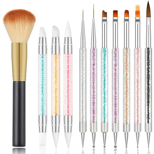 MAGIC ARMOR 11pcs Double Ended Nail Art Brushes with Nail cleaning brushes Nail art dotting tools, Silicone Nail Brushes Nail Art Tools Acrylic Nail Brush for DIY Nail Pulling Lines Carving Painting