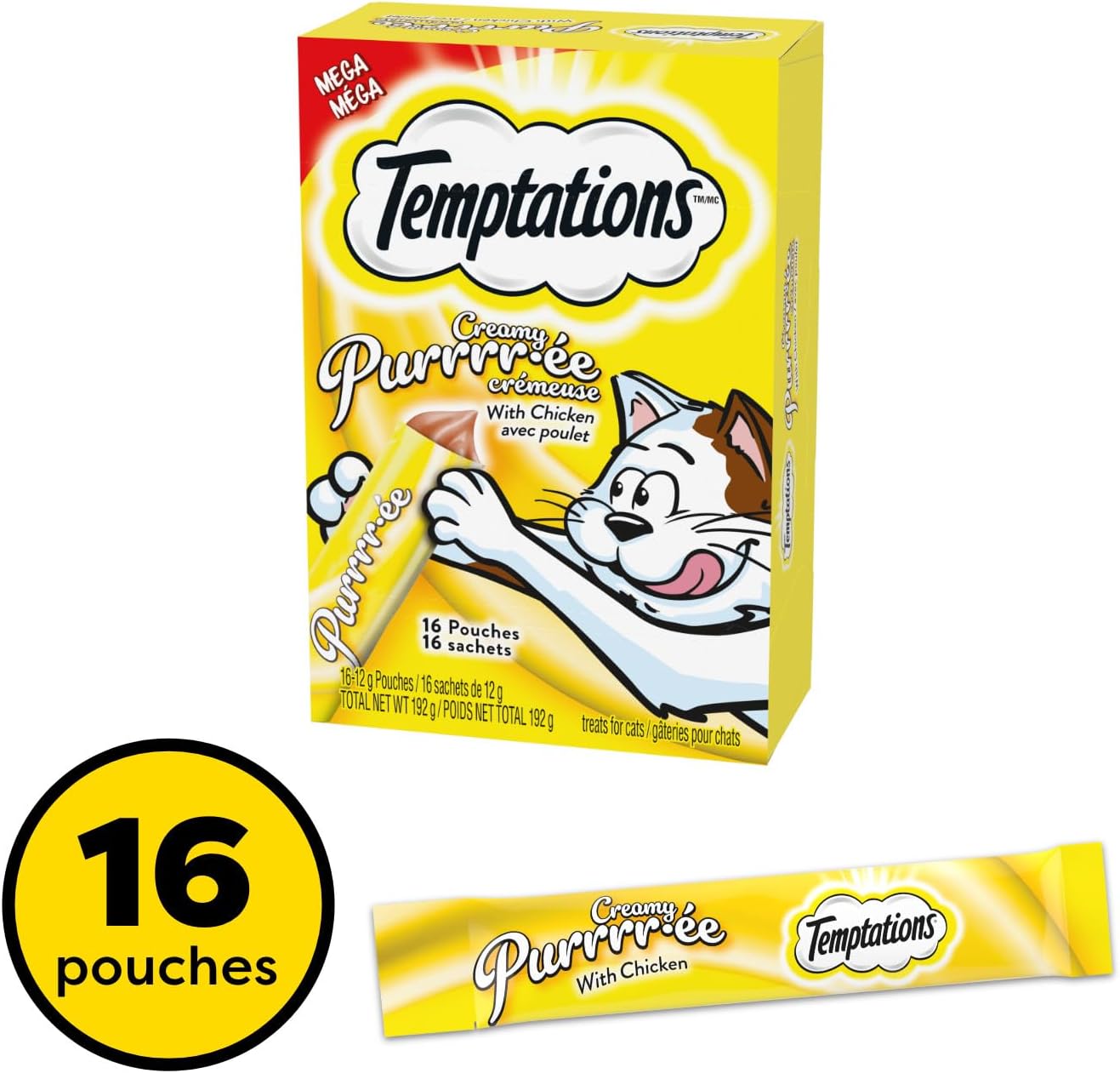 A close-up of a cat enjoying the Temptations Creamy Puree treat directly from the single-serve pouch.