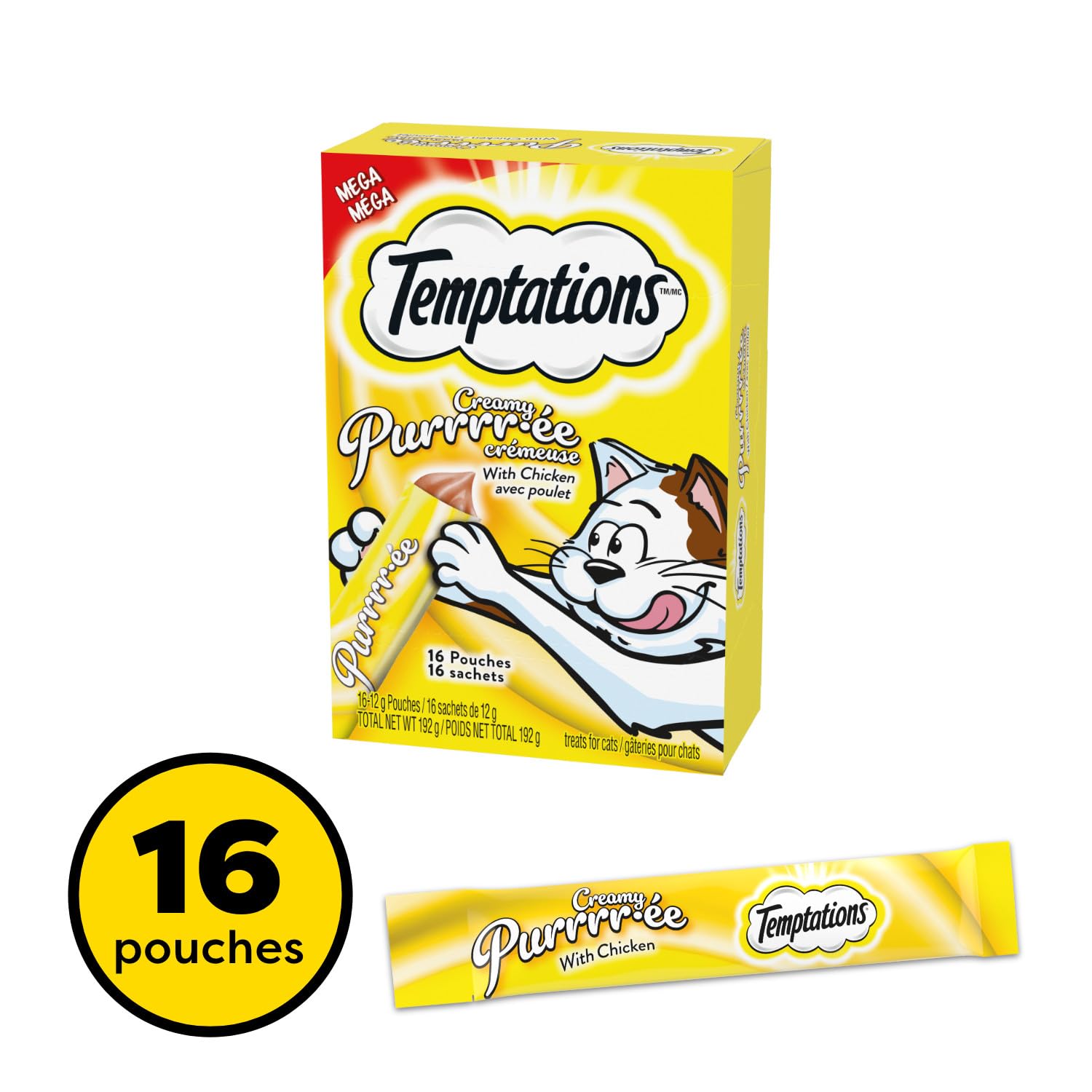 Temptations Creamy Puree Adult Lickable Cat Treats, Chicken Multi Pack, 16 Pouches, 192g Chicken 16 count (Pack of 1)