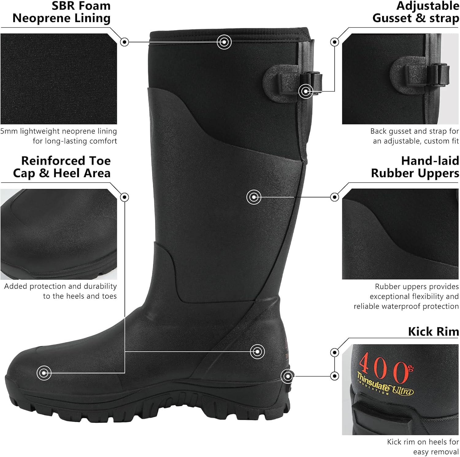 Bassdash EXPLORER-SG Men's Hunting Boots, Waterproof Rubber Boots 400G Insulated 5mm Neoprene Lined for Outdoor Fishing