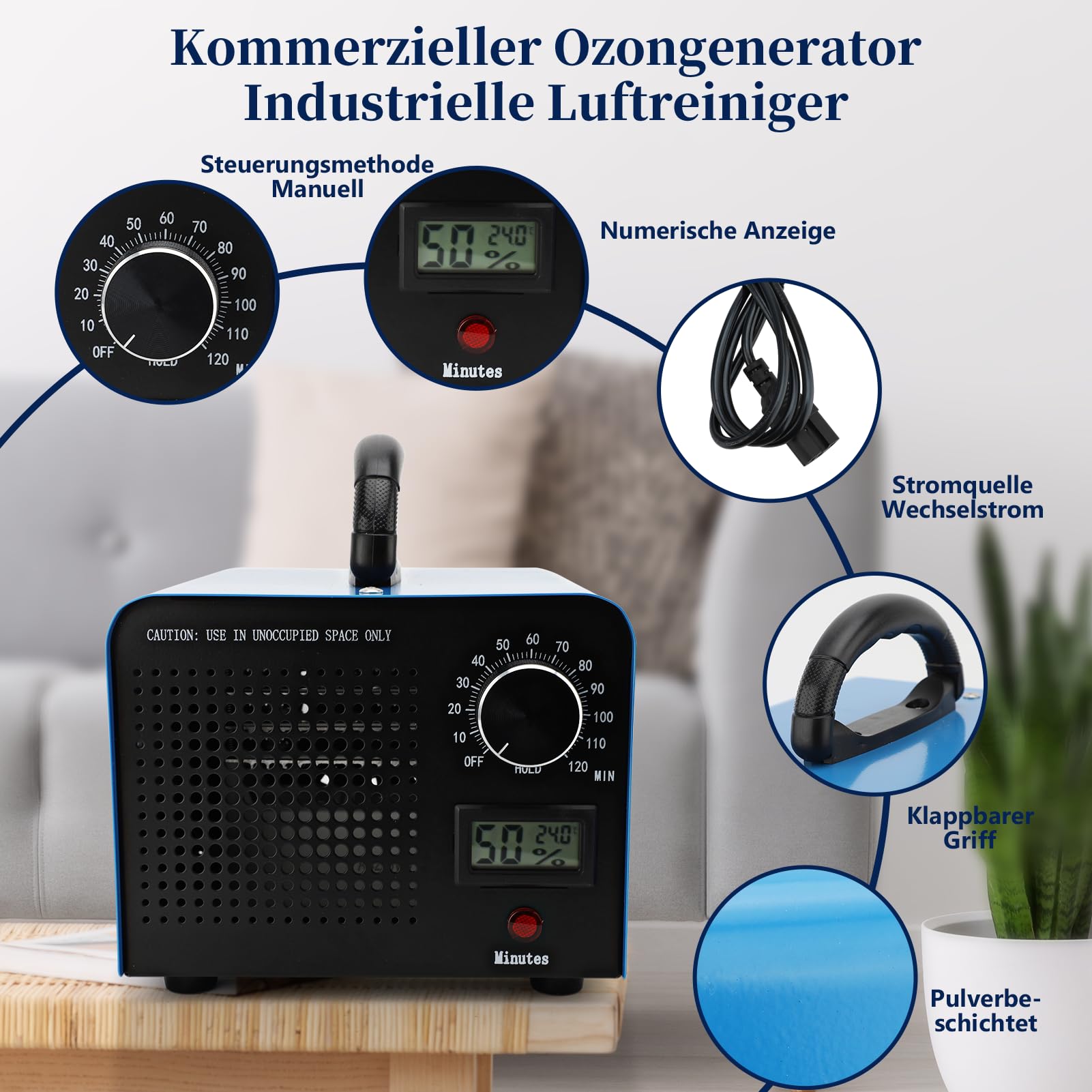 Industrielle Ozongenerator 40000mg/h O3 mit 120 Min Timer für Autos Wohnungen Geruchsbeseitigung Blau