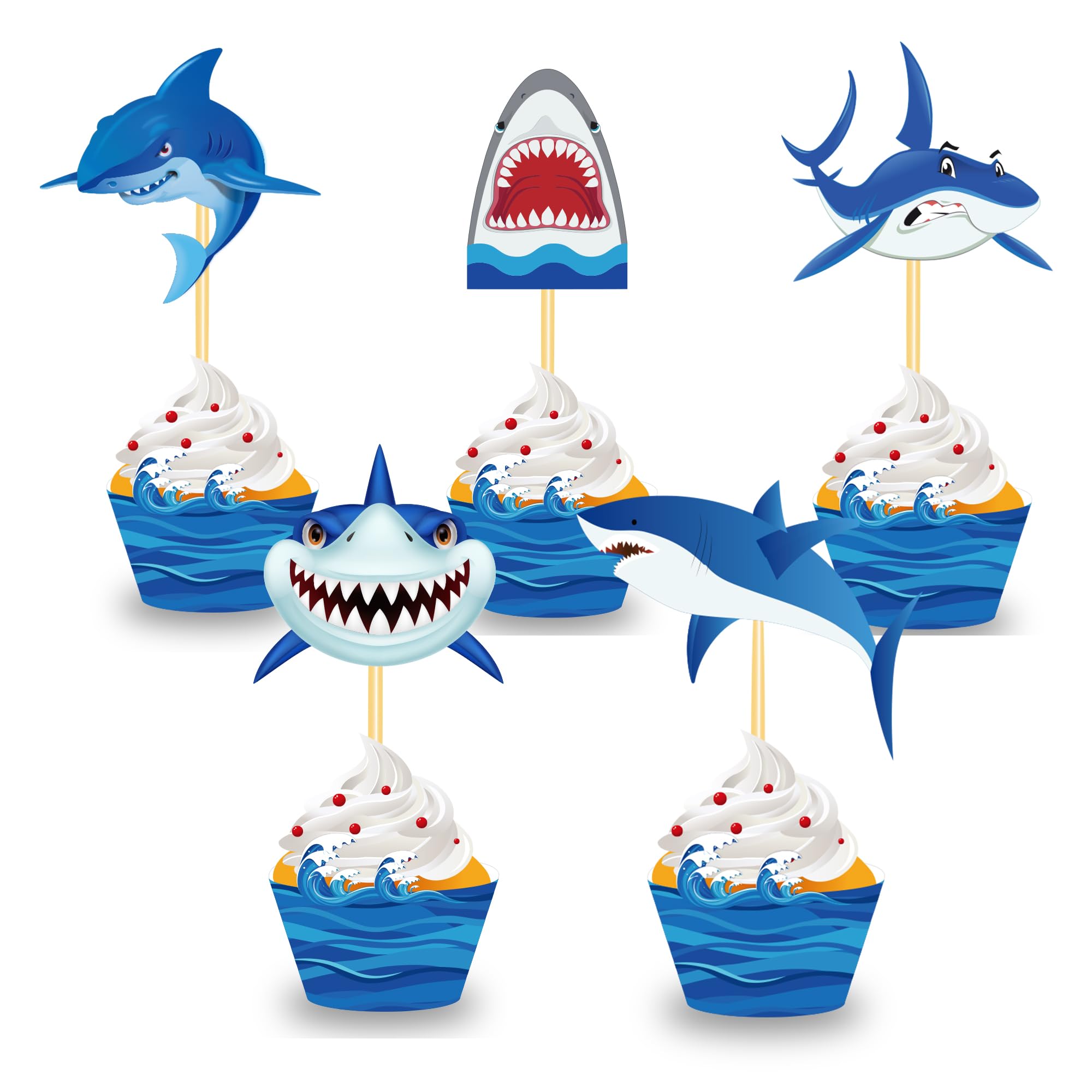40Pcs Shark Cupcake Toppers and Shark Themed Cupcake Wrappers Party Supplies for Shark Ocean Themed Party Birthday Party Baby Shower 20Set Cupcake