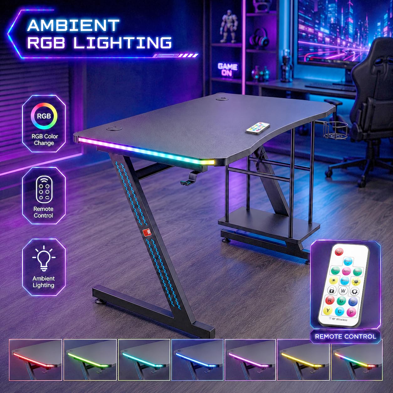 MY SIT Gaming Tisch Gizmo mit Farbwechsel LED Beleuchtung - Kopfhörerhalter PC-Halter und Getränkehalter - Leistungsstarkes Kabelmanagement - Gamer Schreibtisch Gaming Computertisch in Schwarz