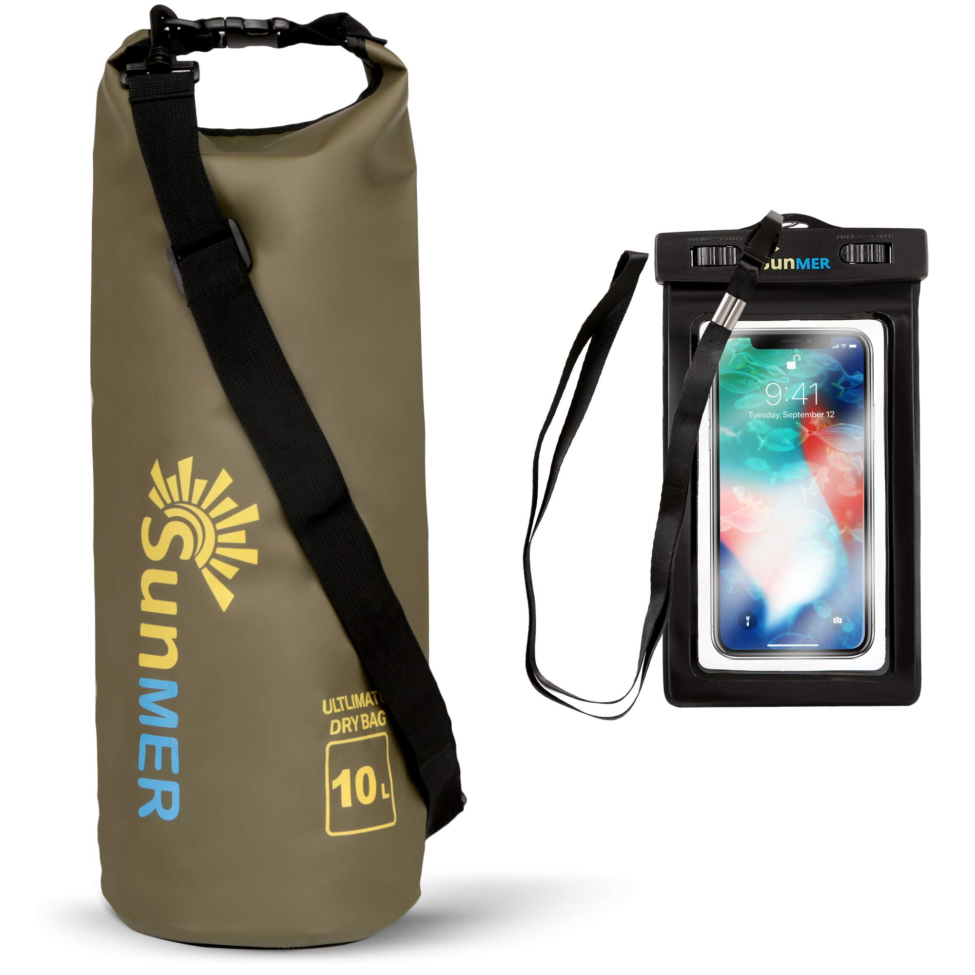 SUNMER 10L Army Green Waterproof Dry Bag With Waterproof Phone Case – IPX8 Rating Weather, Land or Sea - Great For Hiking, Fishing, Rafting, Kayaking, Swimming & Much More