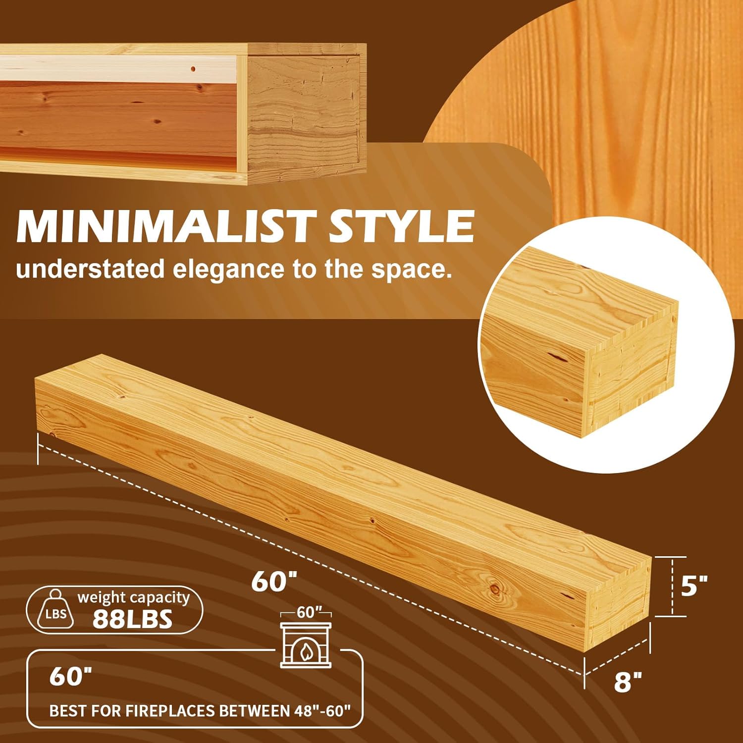 Floating Fireplace Mantel Shelf 72 inch Rustic Solid Wood Mantels for Fireplace Natural Pine Wood Mantle for Fireplace Living Room Farmhouse - 72 X 8 X 5，Rustic Traditional