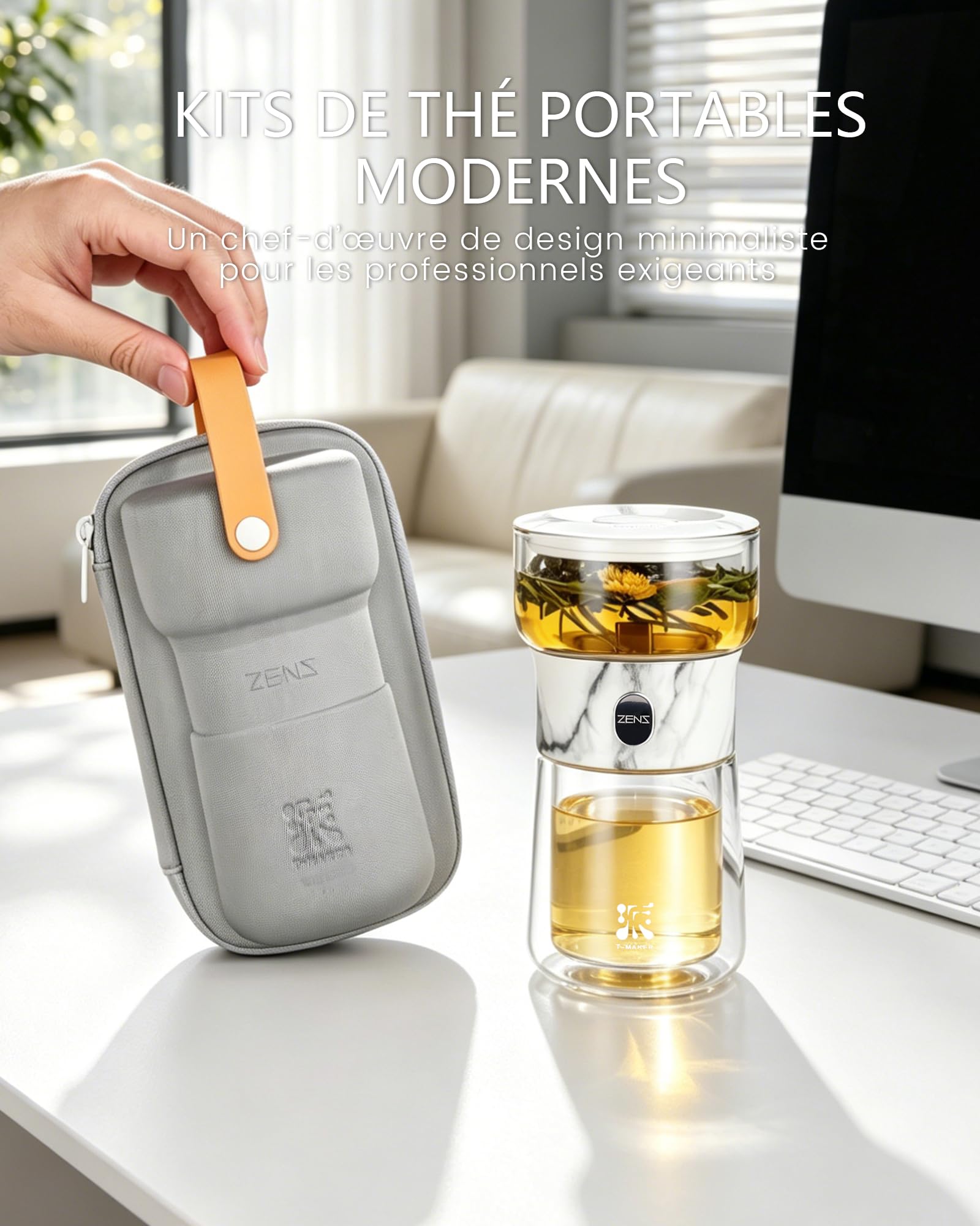 ZENS Teiera con infusore in vetro magico con un tocco | Senza danni. Per tè sfuso. Include tazza termica da 200 ml e borsa da tè portatile. Regalo per gli amanti del tè.