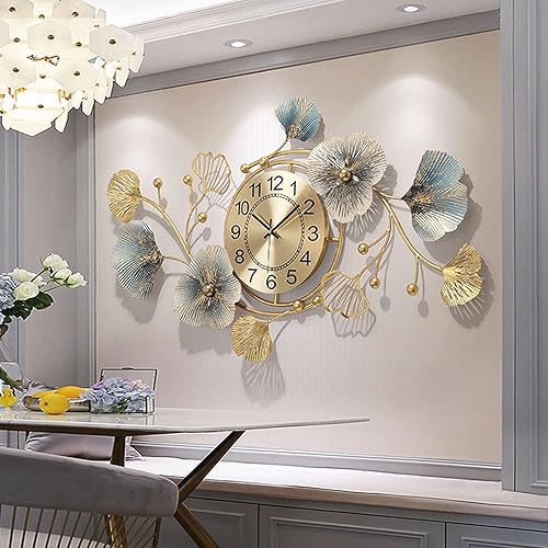 Miniatura 6 de Reloj de pared grande para sala de estar, 62 pulgadas, decoración de hojas de ginkgo, reloj de pared silencioso sin tictac, relojes de pared grandes