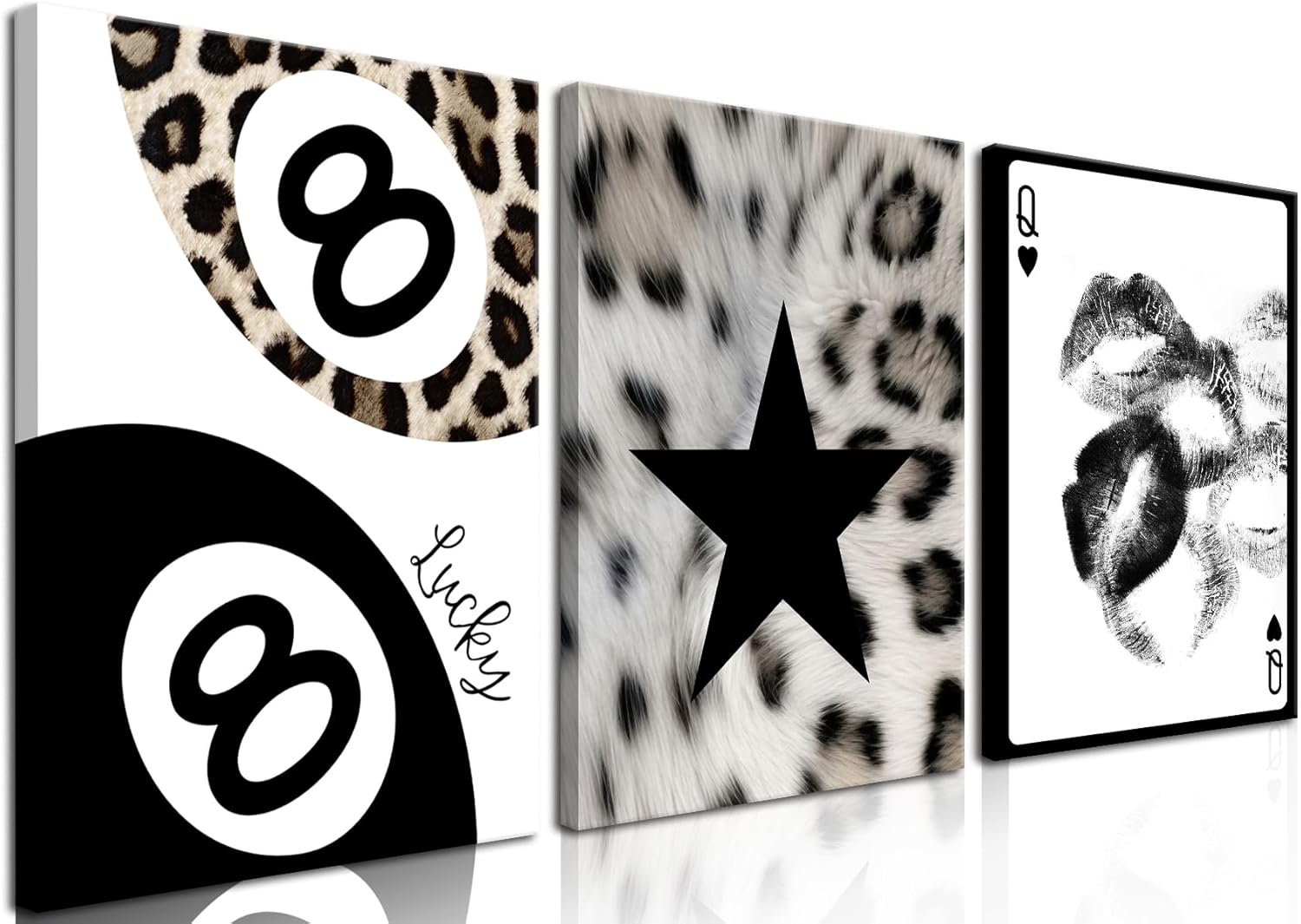 Trendy Leopard Wall Art Set of 3, Black and White Cheetah Wall Decor Paintings, Lips Star Lucky 8 Ball Poster Canvas Prints for Bedroom Living Room 12x16 inch Framed