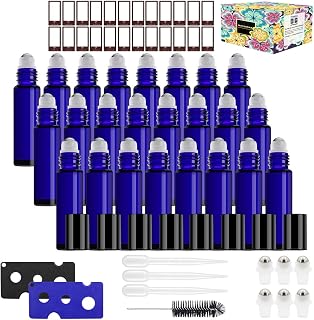 Glass Roller Bottles - 24 Pack 10 ml Cobalt Blue Roller Bottles for Essential Oils (4 Sprays, 24 Labels, 3 Droppers, 6 Extra Roller Balls, 2 Openers, Roll on Bottles)