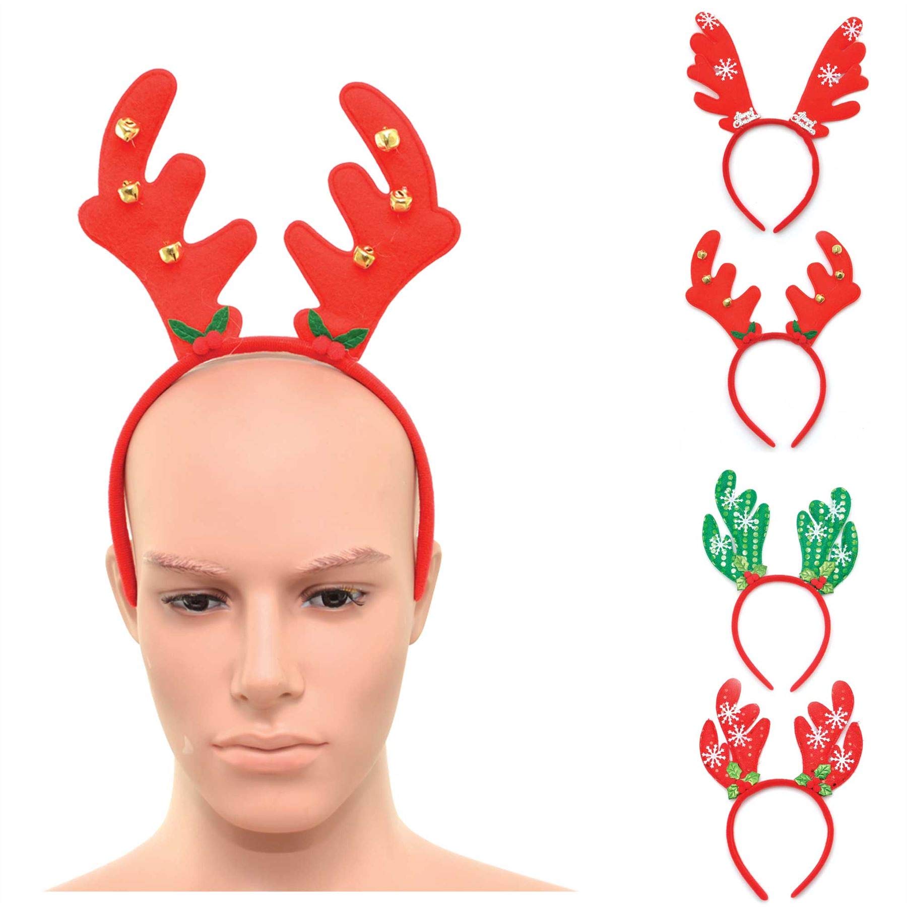 Shatchi 4pcs Christmas Headbands Reindeer Antlers Different Style Holiday Xmas Party Accessory One Size Party Bag Stocking Fillers Fun Selfie