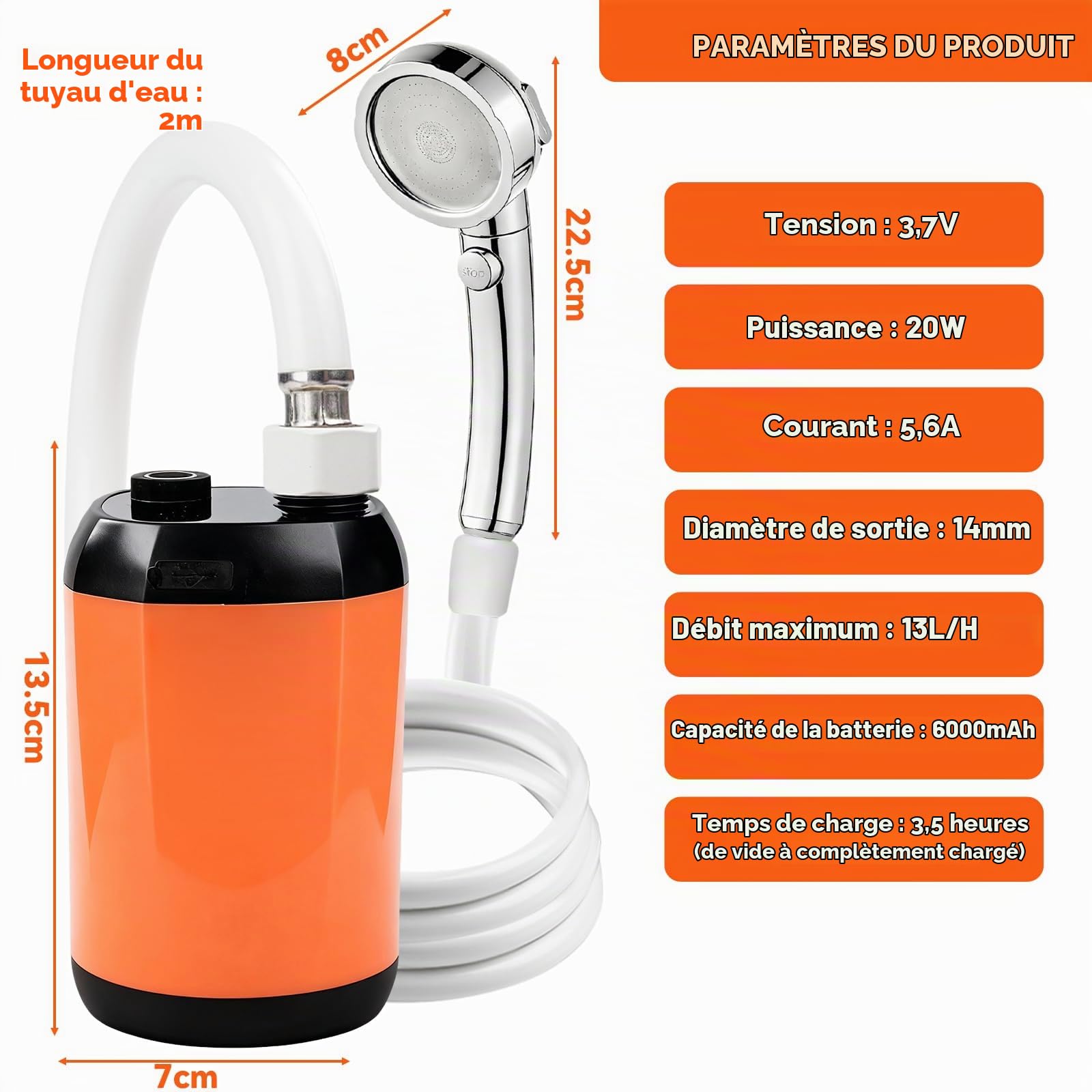Nikou Kit Douche de Camping, Douche Portable avec Pompe, 6000mAh Chauffe Eau Mobile avec Écran Intelligent, Électrique Rechargeable, Pommeau Réglable et Tuyau, pour Extérieure, Camping, Randonnée