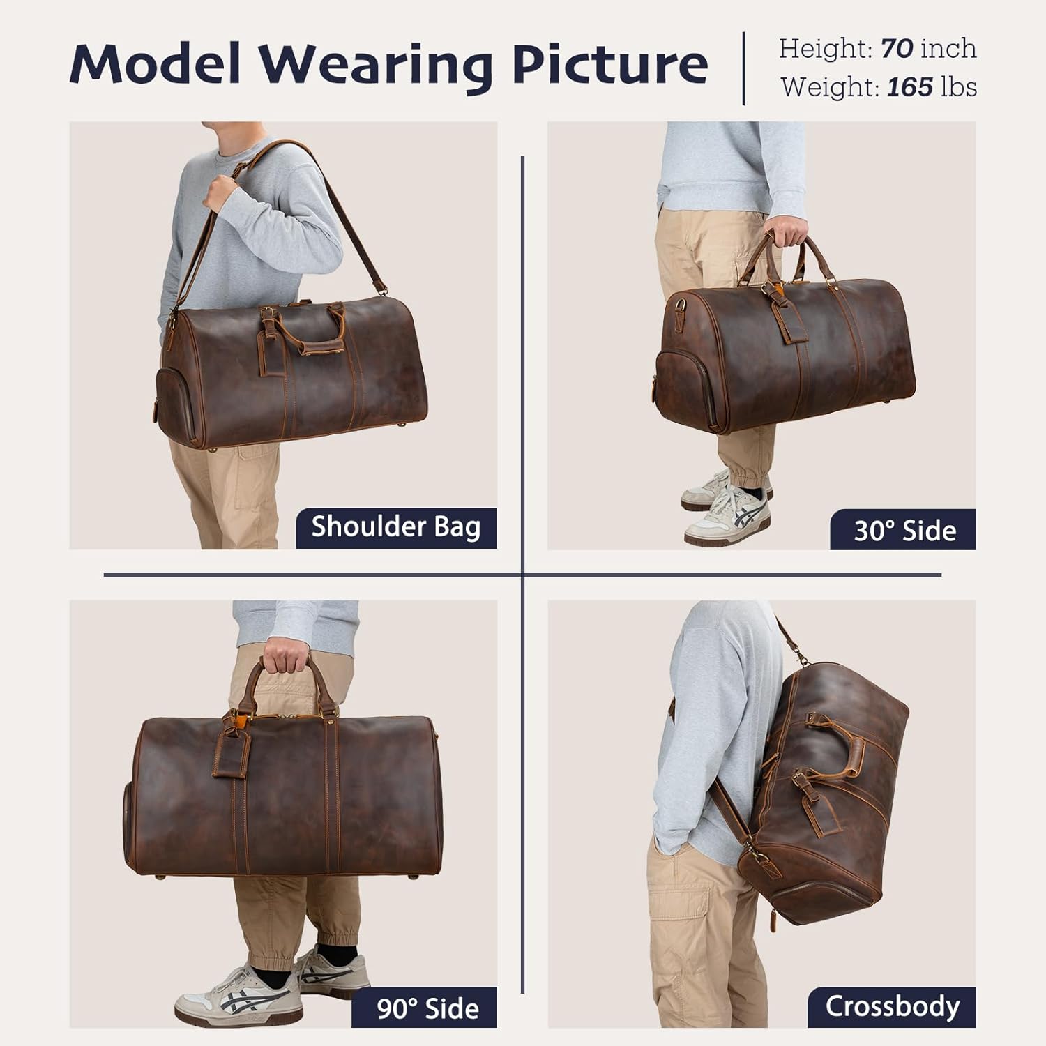 Leather Duffle Bags for Men with Shoe Compartment – 23.6" x 12.6" x 11" Travel Bag, Gym Bag, Also Suitable for Crossbody or Shoulder Carry, Brown Large Size - Image 4