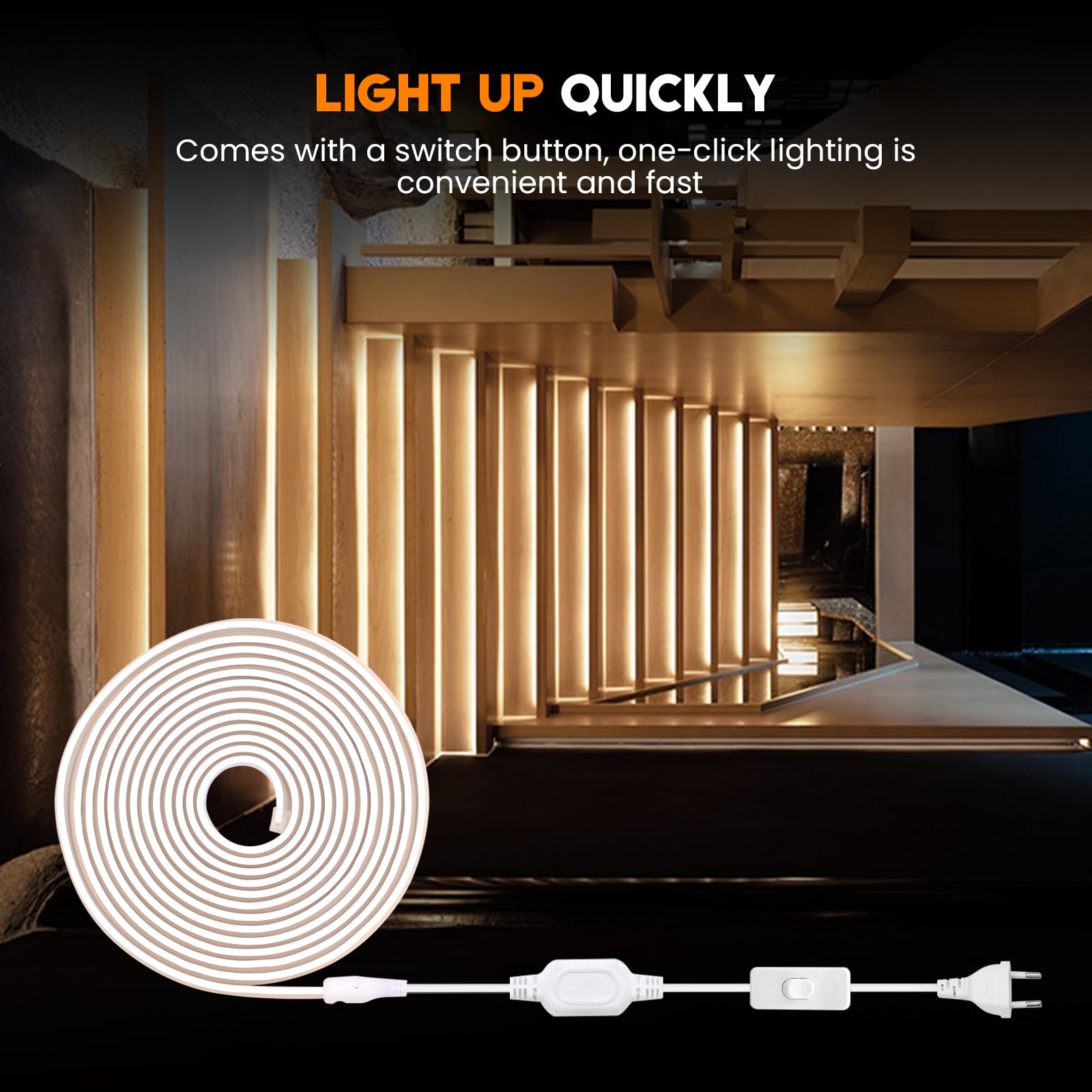 COB LED Streifen 100M,Kaltweiß 6000K CRI≥90 Helligkeit Hohe Neon LED Band,Lumineszenz Linear Hohe Dichte 288LEDs/M LED Lichter mit 220V EU Schaltstecker für Wohnzimmer Schlafzimmer, Weihnachten