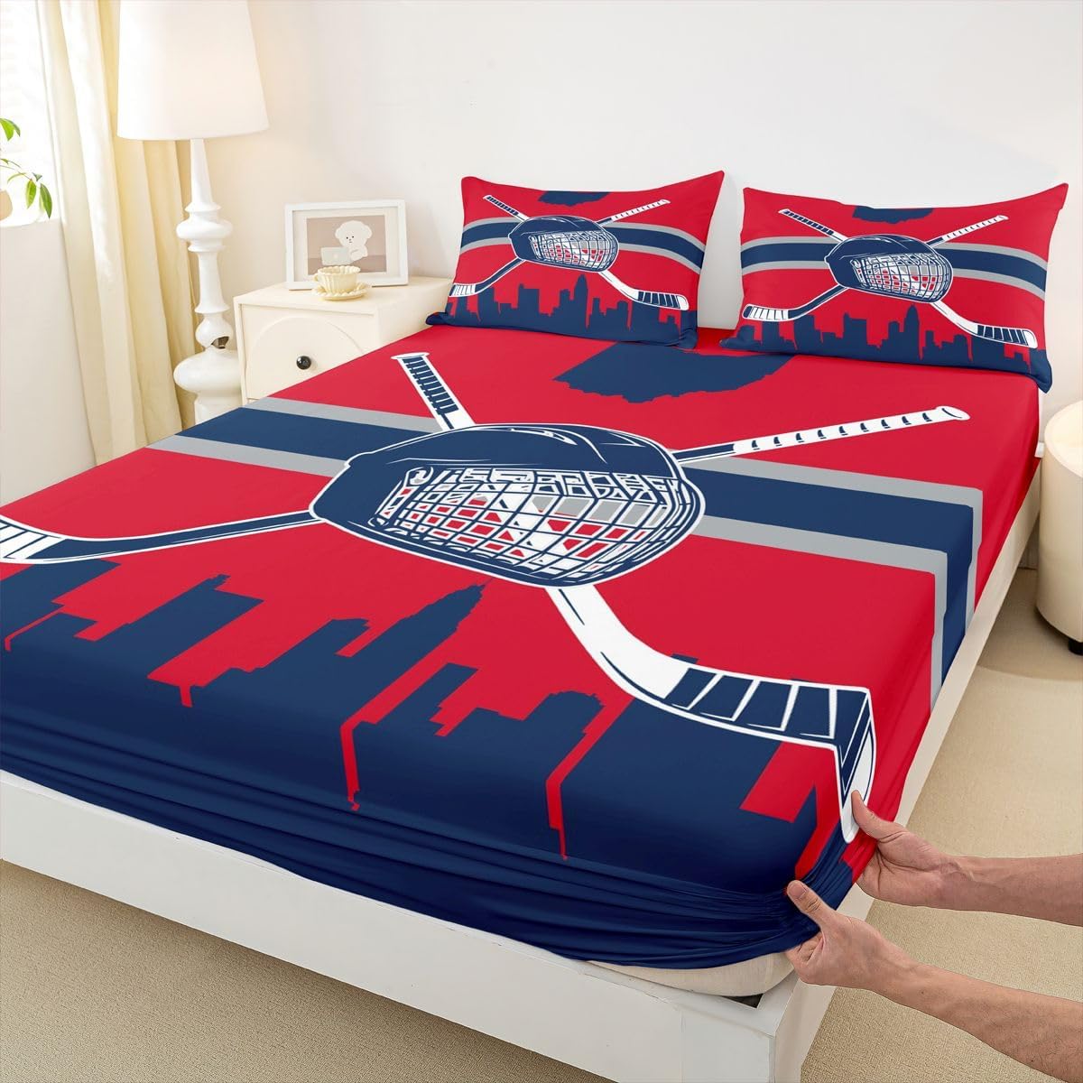 Erosebridal Boys Hockey Fitted Sheet Queen,Ice Hockey Fans Bed Sheets for Fan,Ice Hockey Lovers Bed Set,Ball Bedding Set with 2 Pillowcases Deep Pockets,Blue Red,No Top Sheet