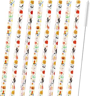 12 PCS Halloween Plastic Reusable Straw,Halloween Party Favors for Drinking Supplies,9 Inch Pumpkin Devil Straws with Cleaning Brush,Colorful Straws for Mason Jar Tumbler Family or Party