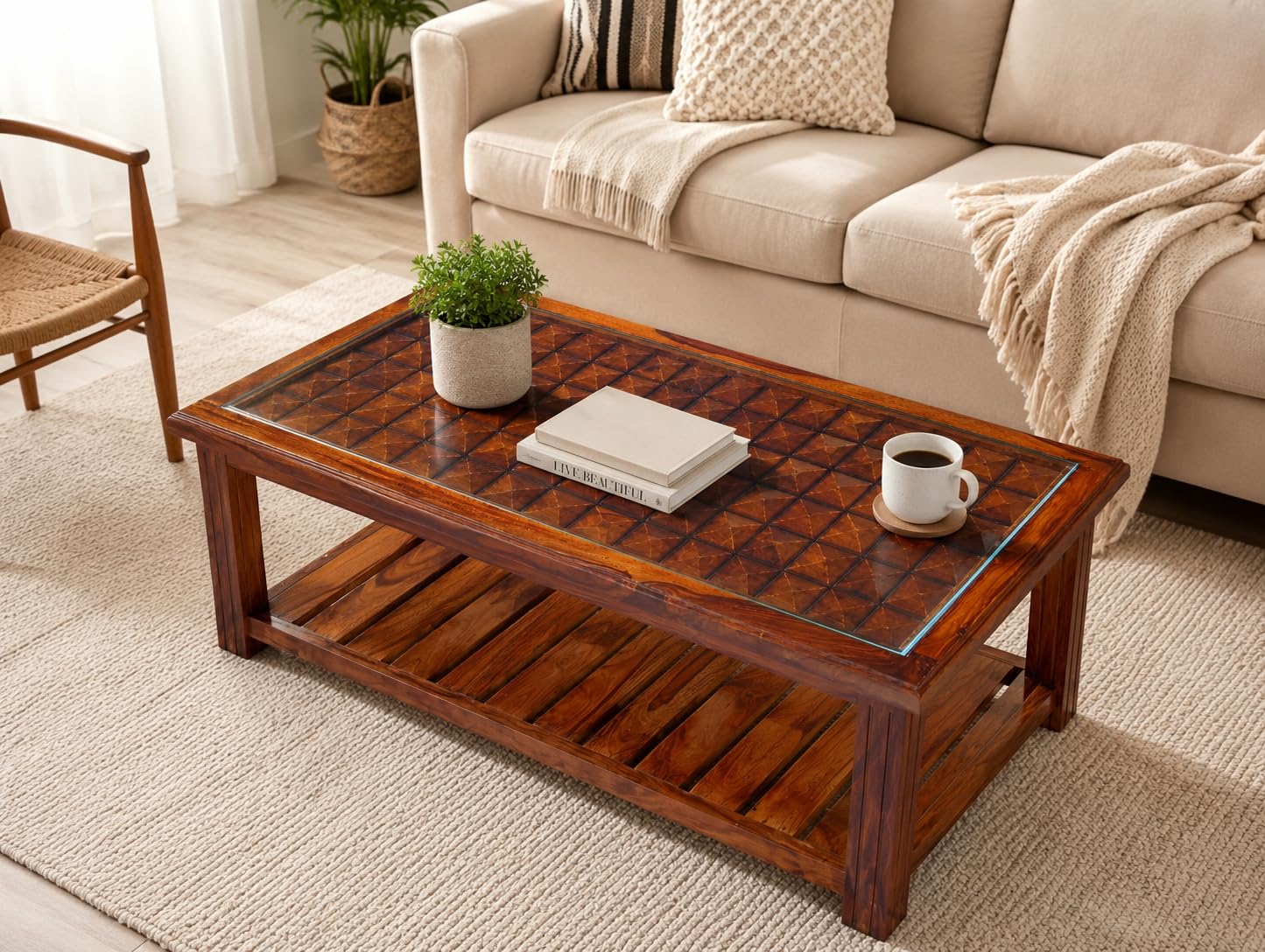 Solid Sheesham Wood CoffeeTable Glass top Diamond Cut Design Center Table Rectangular Shape for Furniture Living Room, Bedroom,Hotel & Home Ariya-image-2