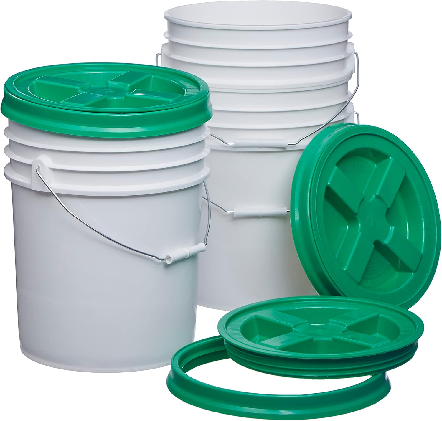 Consolidated Plastics 5 Gallon White Food Grade Buckets + Green Gamma Seal Lids, BPA Free Container Storage, Durable HDPE Pails, Made in USA (3 Pack)