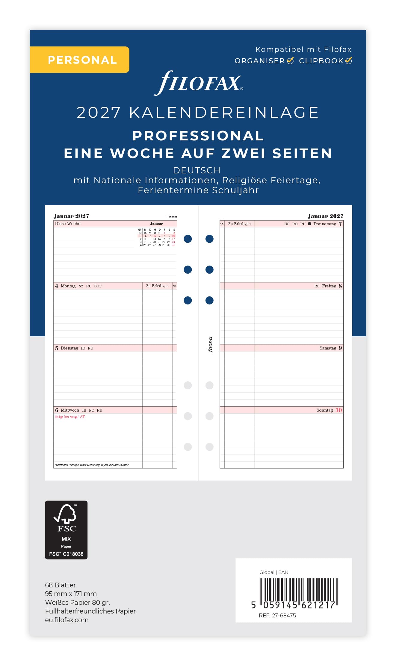 Filofax Personal Professional Calendar Insert 1 Week on 2 Pages German 2027