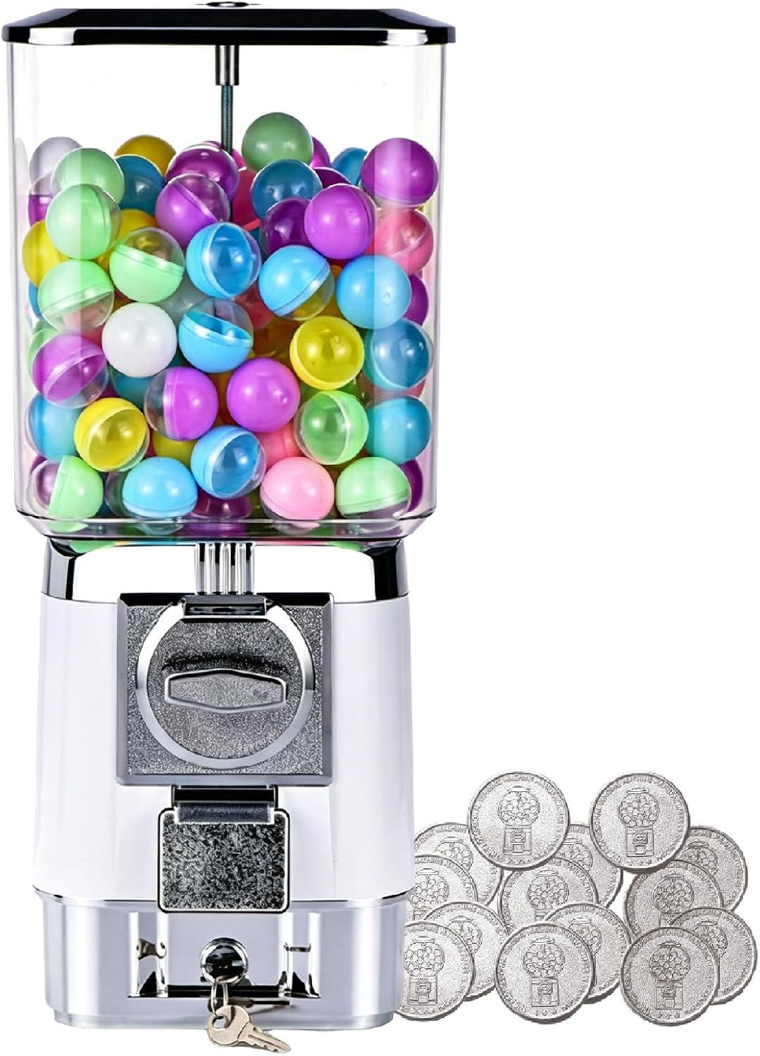 Candy Vending Machine, Gumball Machine for Kids, Customizable for One Size 25-35mm (1-1.38"), No Batteries, Pure Mechanical Coin-Op – with 100 Balls & 50 Tokens for Home or Arcade White